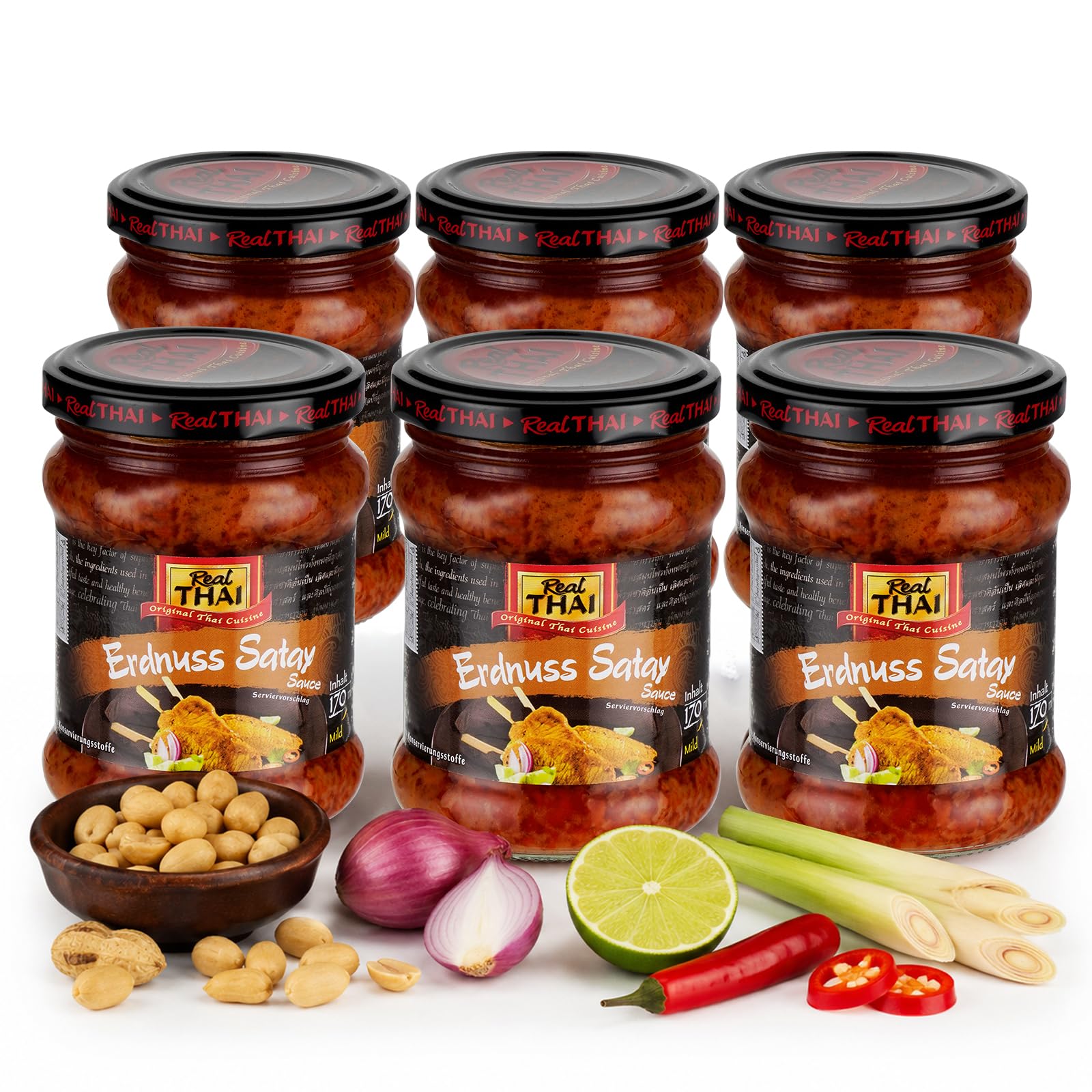 Real Thai Erdnuss Satay Sauce – 170ml, 6er Pack | Original thailändische Erdnusssauce mit Kokosmilch – Ideal als Dip & Marinade – Authentischer Geschmack