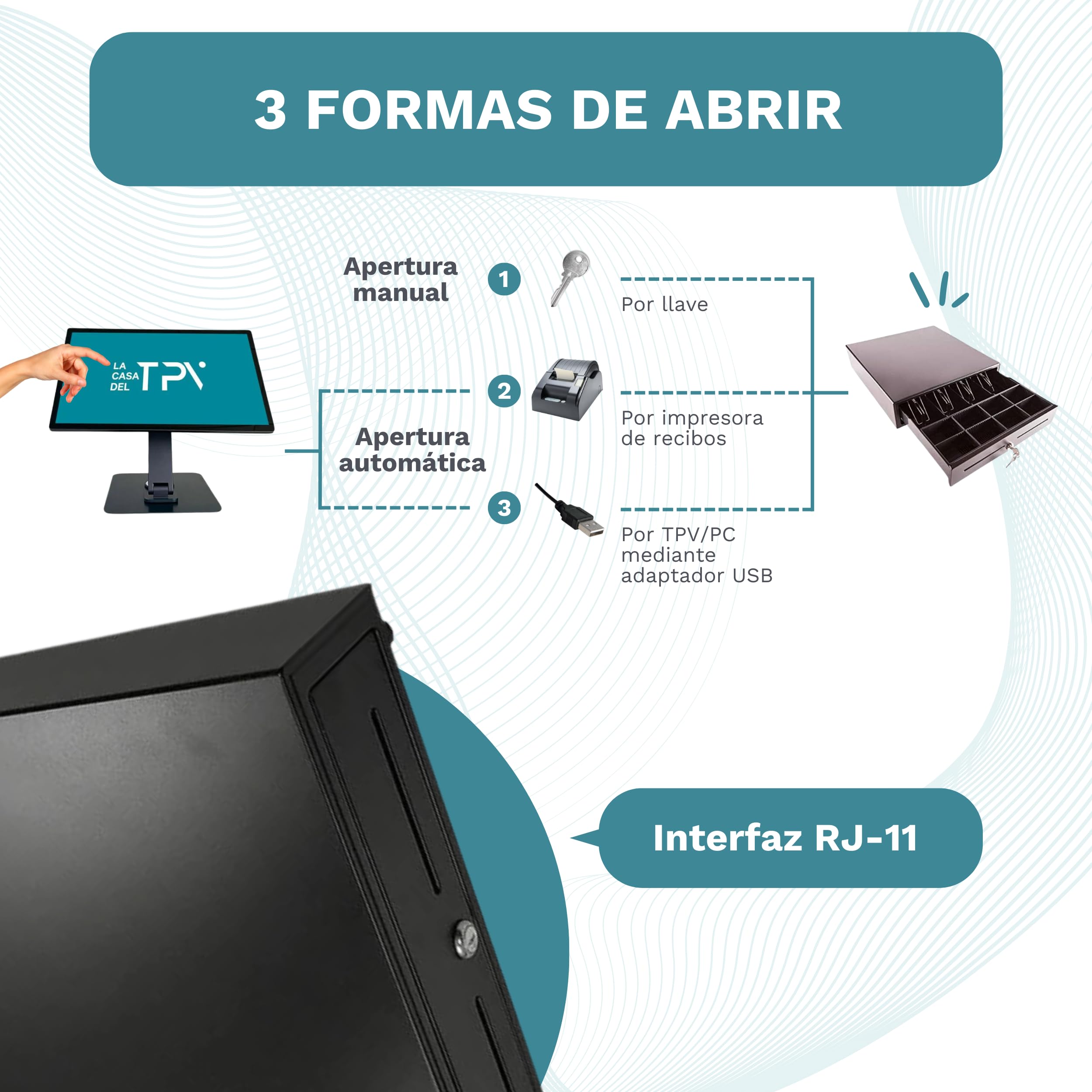 Cajón Portamonedas Caja Registradora - Apertura Automática RJ11 o Manual con Llaves - Organizador de Dinero 4 Compartimentos para Billetes 8 para Monedas - 41x42x11cm - Estructura Metálica - Negro