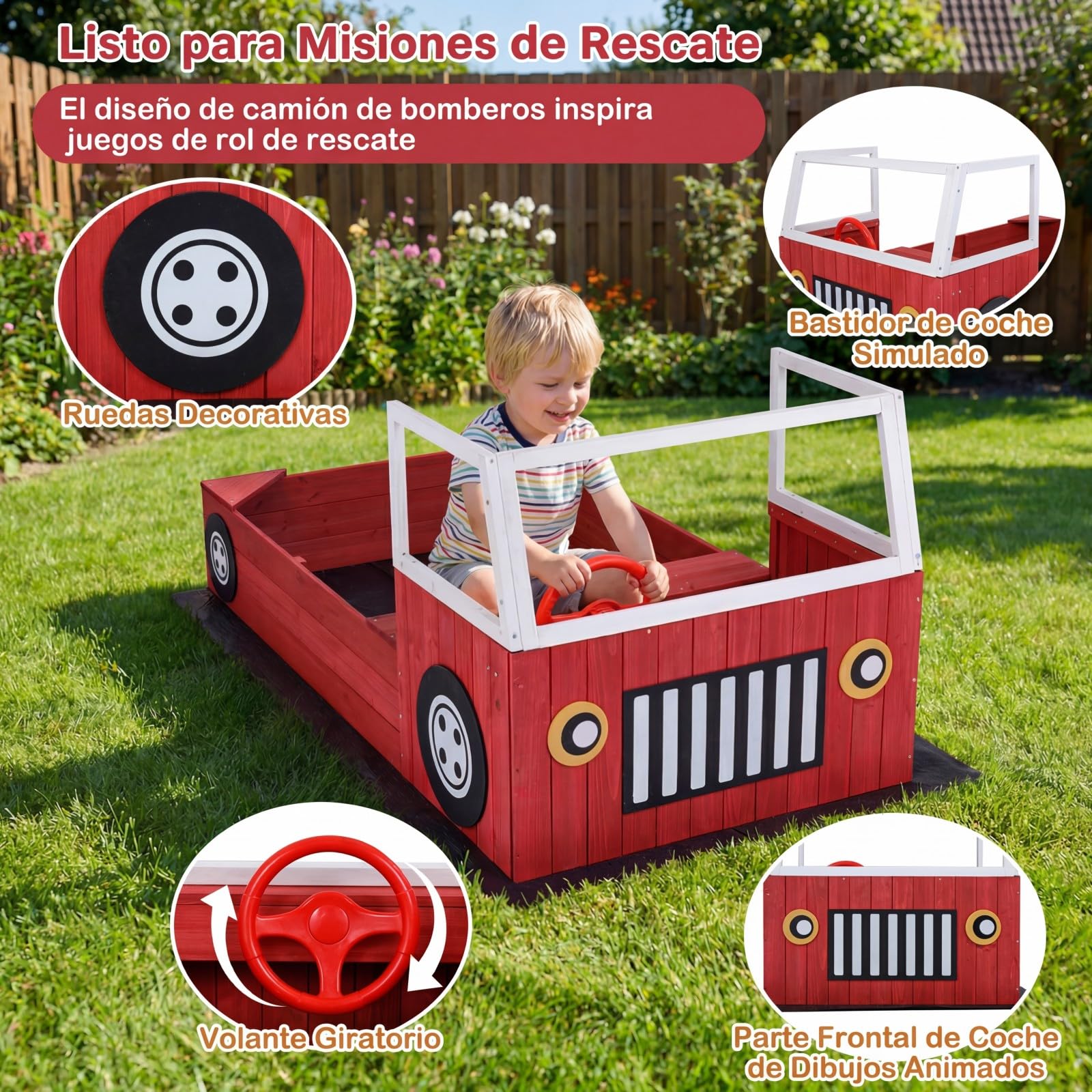 COSTWAY Arenero para Niños de Madera Maciza de Abeto, Arenero Infantil para Exterior con un Banco, Volante Giratorio, 2 Asientos y Alfombrilla, en Forma de Camión de Bomberos, 156 x 80 x 70 cm