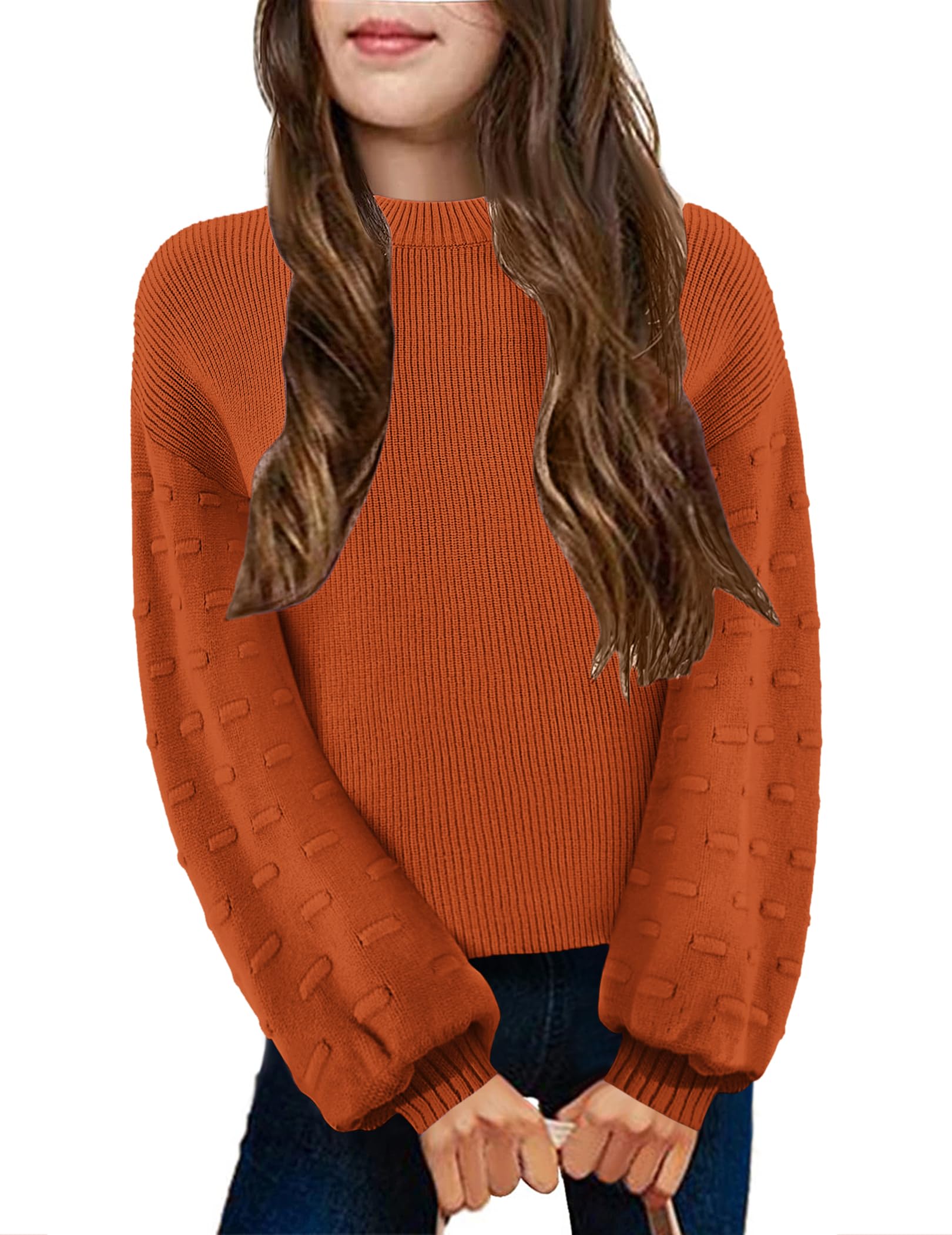 Arshiner Girls Crewneck Sweaters Chunky Lantern Sleeve Knit Jumper Tops Casual Drop Shoulder Pullover Outwear for 5-13 Years