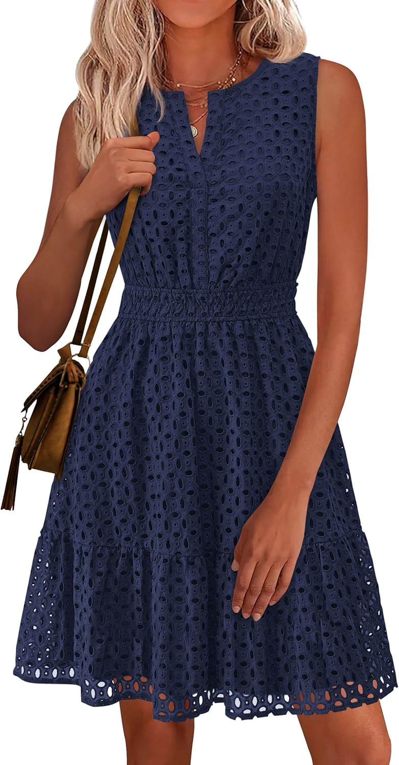 PRETTYGARDEN Women's Summer Dresses 2026 Sleeveless V Neck Eyelet Hollow Out Swing A Line Beach Vacation Sun Dress
