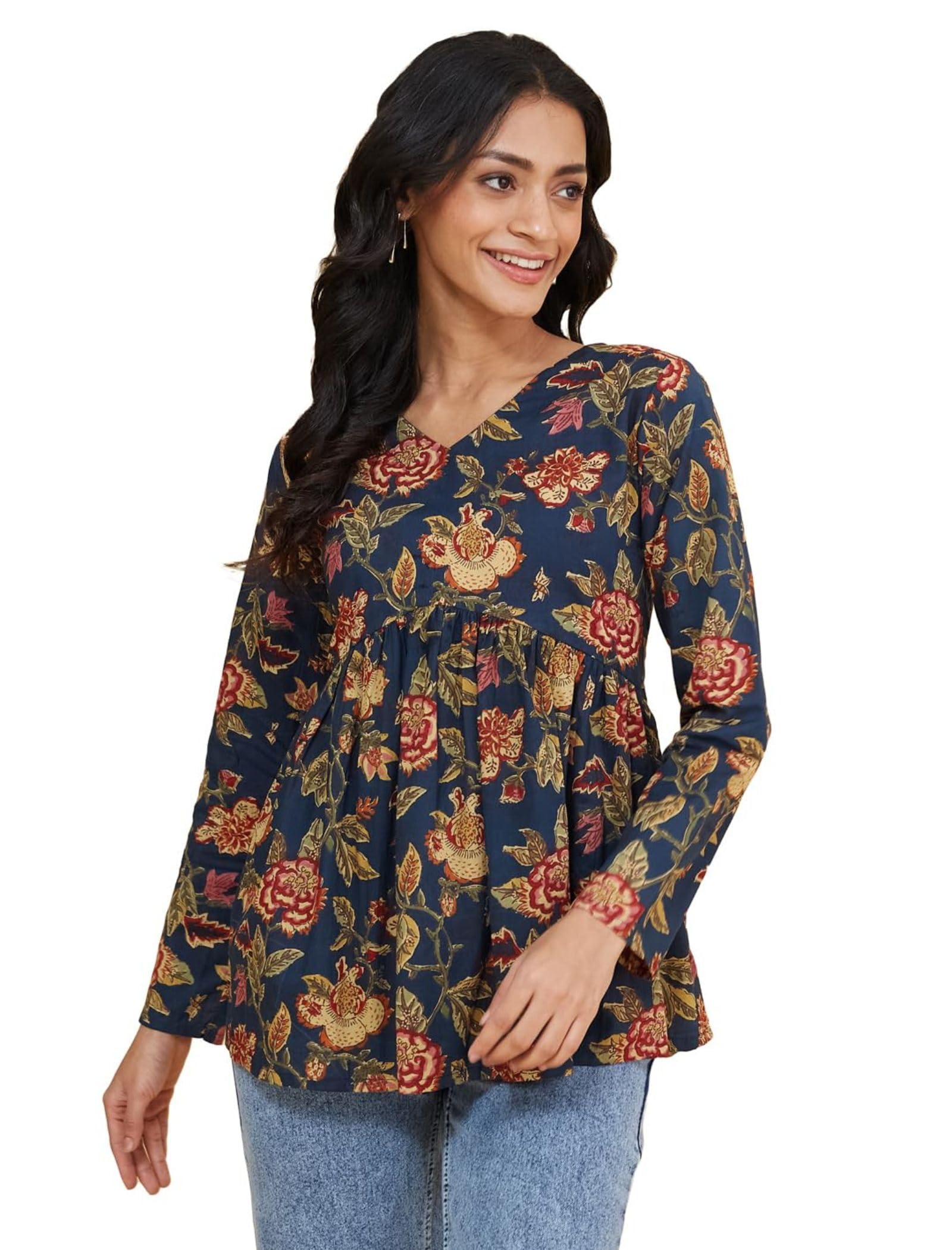 Womens Floral Printed Pure Cotton Stitched Tunic, with ajrkha Print, Comfortable & Stylish Casual Wear | Tops for Woman | Cotton Tops for Woman.-picture-18