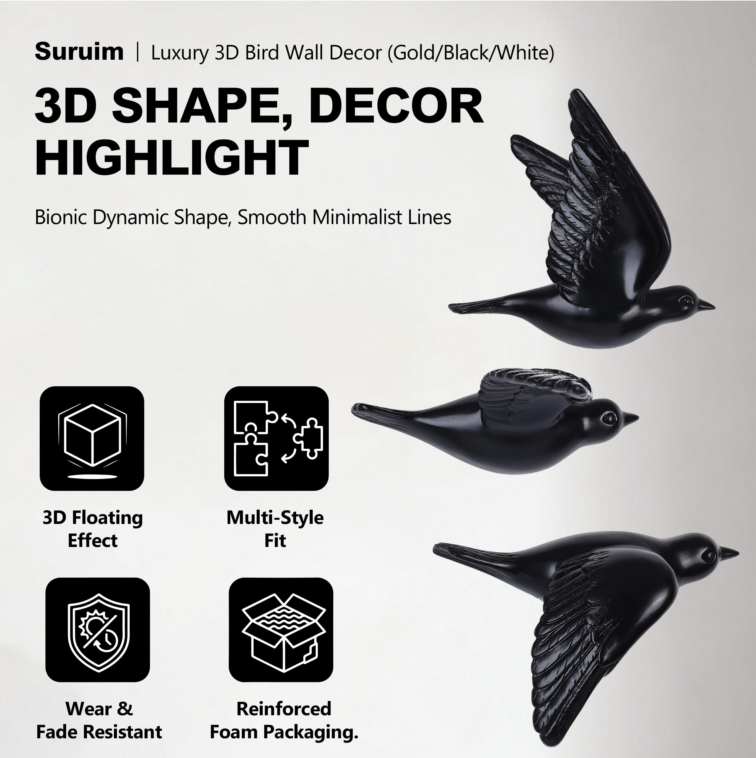 suruim Vogel-Wandskulpturen, 3-teiliges 3D-Wandkunst-Dekor für Wohnzimmer (Schwarz)
