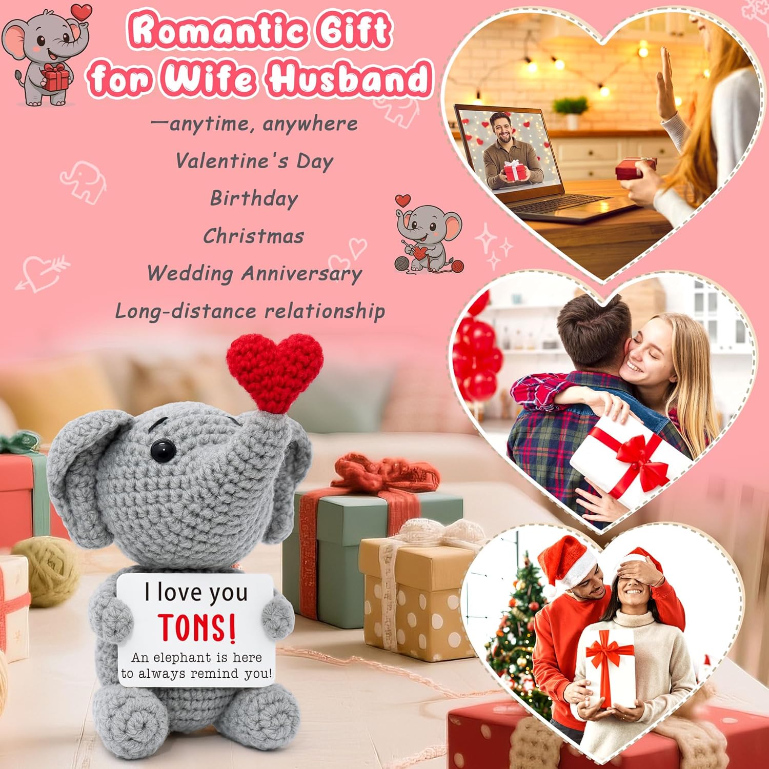 Couples Gifts for Him Her Boyfriend Girlfriend, Romantic Wedding Anniversary Birthday for Wife Husband Women Men, I Love You Tons Handmade Crochet Elephant Present - Image 5