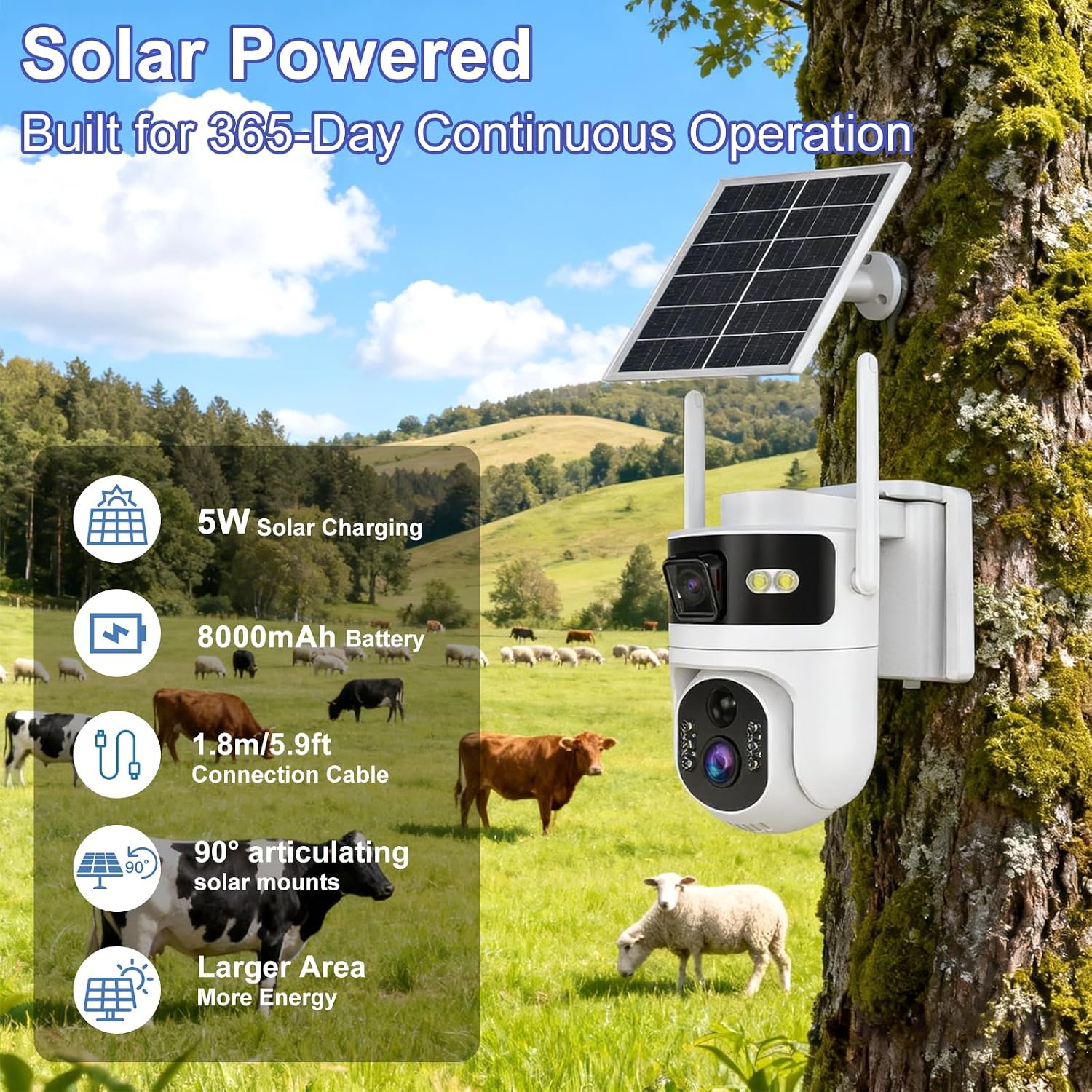 4G LTE Cellular Security Camera Dual Lens Outdoor,No WiFi Security Camera Solar Powered,365 Days Free Unlimited Data,360°Auto Tracking,2K Color Night Vision,PIR Motion Sensor,Built-in VSIM
