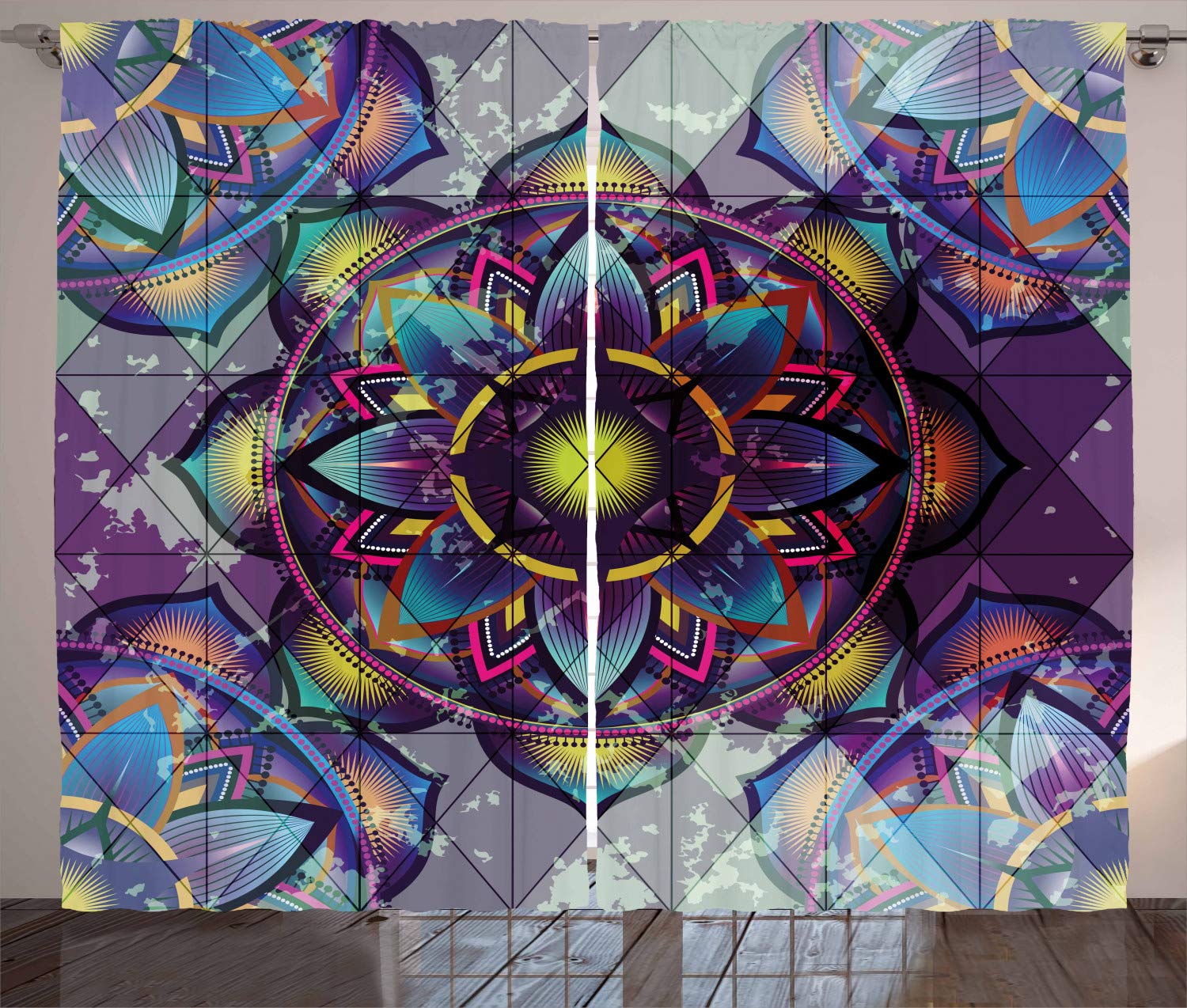 Ambesonne Lotus Curtains, Psychedelic Surreal Geometry Mandala Background Futuristic Effects Print, Living Room Bedroom Window Drapes 2 Panel Set, 108" X 63", Lilac Blue