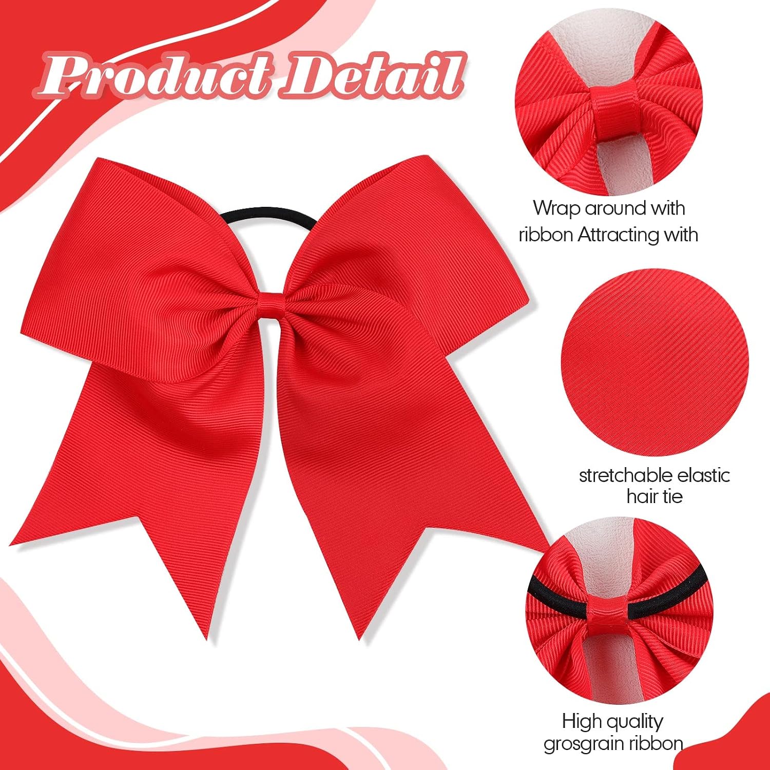 CN 30PCS 8" Large Cheer Bows, Cheerleading Bows Ponytail Holder for Girls, Grosgrain Ribbon Red Cheer Hair Bows with Elastic Hair Tie for Cheerleader College Sports Softball Competition