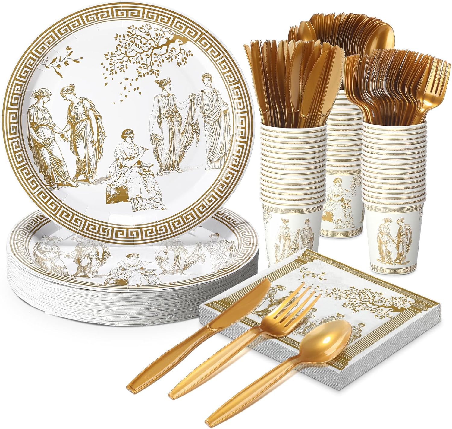 Yungyan 300 Pcs Greek Mythology Party Supplies Bulk for 50 Guests, Ancient Greece Inspired Greek Mythology Plates Napkins Cups Forks, Tableware Set for Birthday, Holiday and Party Supplies