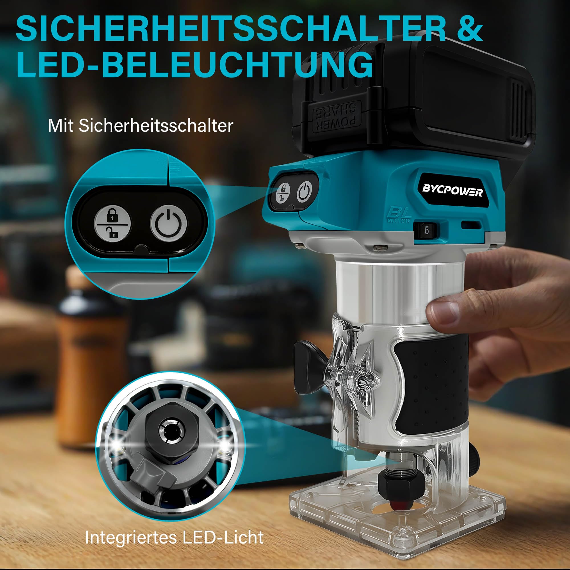 Akku Oberfräse für Makita 18V Akku, 800W Akku-Kantenfräse Set mit 5 Geschwindigkeit, 30000 U/min Bürstenloser Multifunktionsfräse Tragbarer Handfräser mit 15 Stück 1/4" Fräser Set(Ohne Akku)