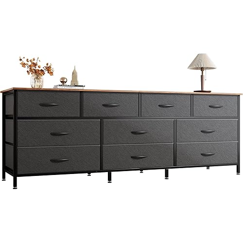 Huuger 63 Inch Dresser for Bedroom, Long Dresser with 10 Fabric Drawers, TV Stand for 55, 65, 70 Inch TV, Toy Storage Organizer for Closet, Rustic Brown and Black