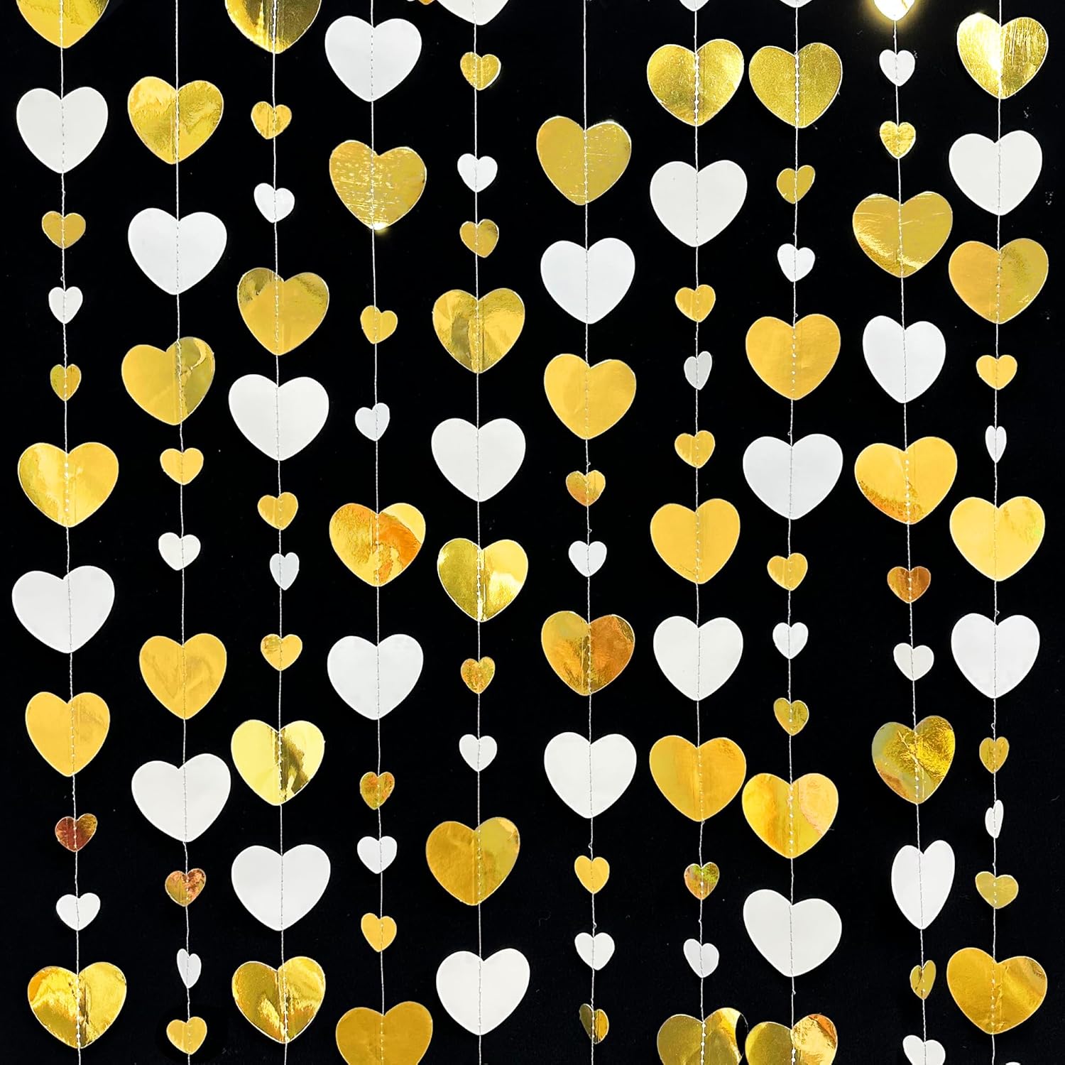 White Gold Heart Garland Hanging Paper Love Heart Streamer Banner for Baptism Engagement Anniversary Valentines Day Birthday Bachelorette Mothers Day Wedding Bridal Shower Party Decorations Supplies