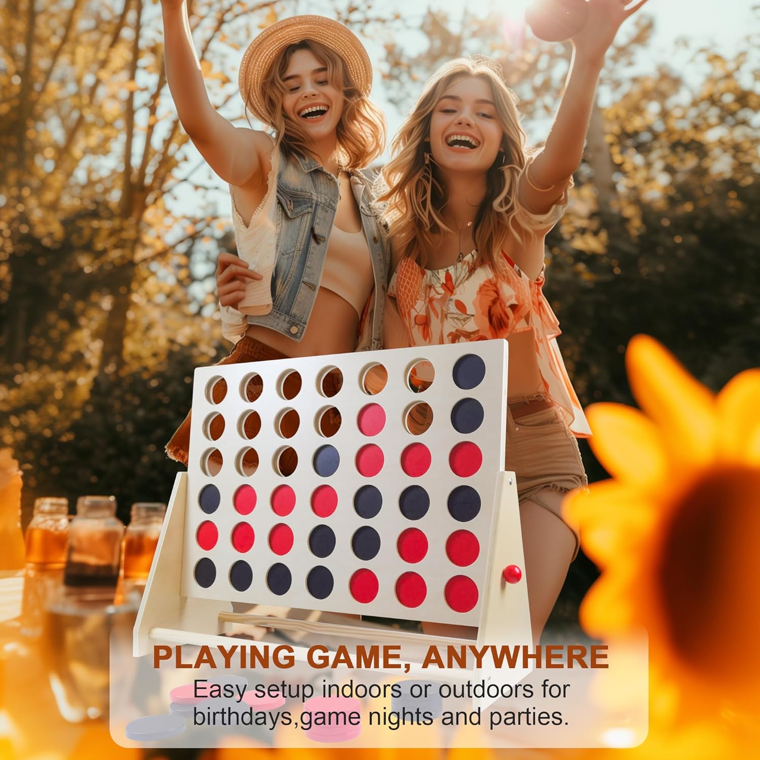 GOTHINK Giant Wooden 4 in A Row Game Includes 42 Pcs Dics, Large Size Four in a Row Game 2Ft 4-in-a-Row Connect Games - Fun Indoor and Outdoor Board Games for Teens and Adults