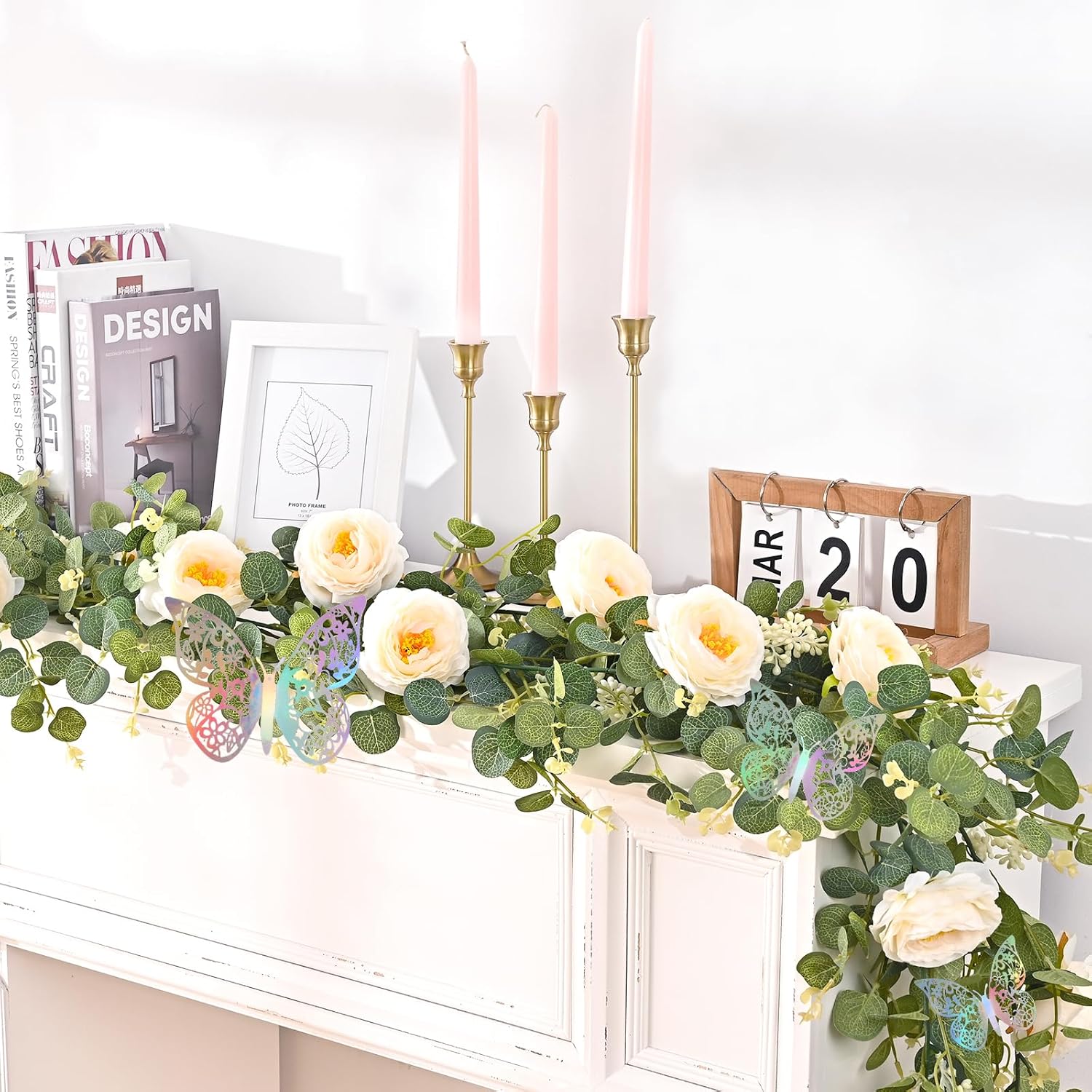 Yastouay 6.4 Ft Fuller Flower Garland with Light Butterfly, Artificial Eucalyptus Garland with Champagne Flowers Fake Rose Camellia Vine for Table Centerpiece Wedding Arch Room Decor - Image 4