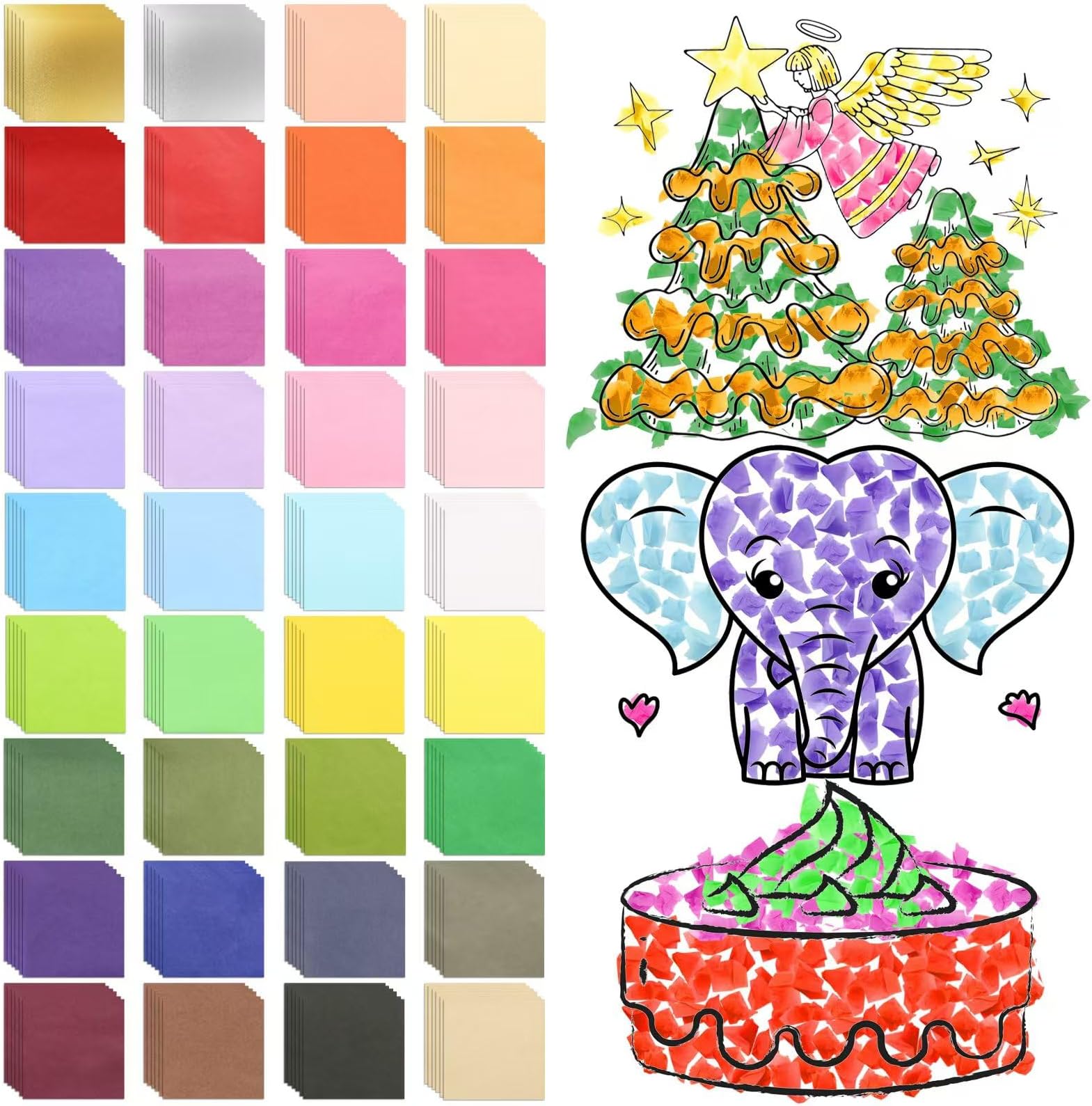 Jyongmer 10800 Pcs 1 Inch Tissue Paper Squares, 36 Color Assorted Rainbow Tissue Paper for Crafts, Scrapbooking, Art Projects, Decoupage, Collage