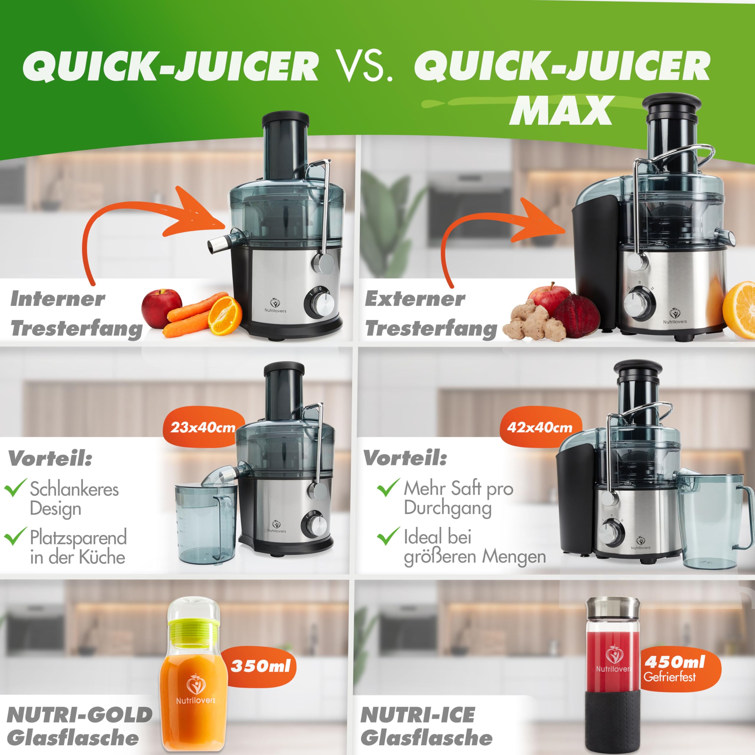 Nutrilovers QUICK-JUICER MAX sokowirówka do owoców i warzyw, otwór wsypowy XXL, sitko ze stali nierdzewnej, zewnętrzny pojemnik na wytłoczyny, 800 W, w zestawie bez BPA, w zestawie butelka na napoje +