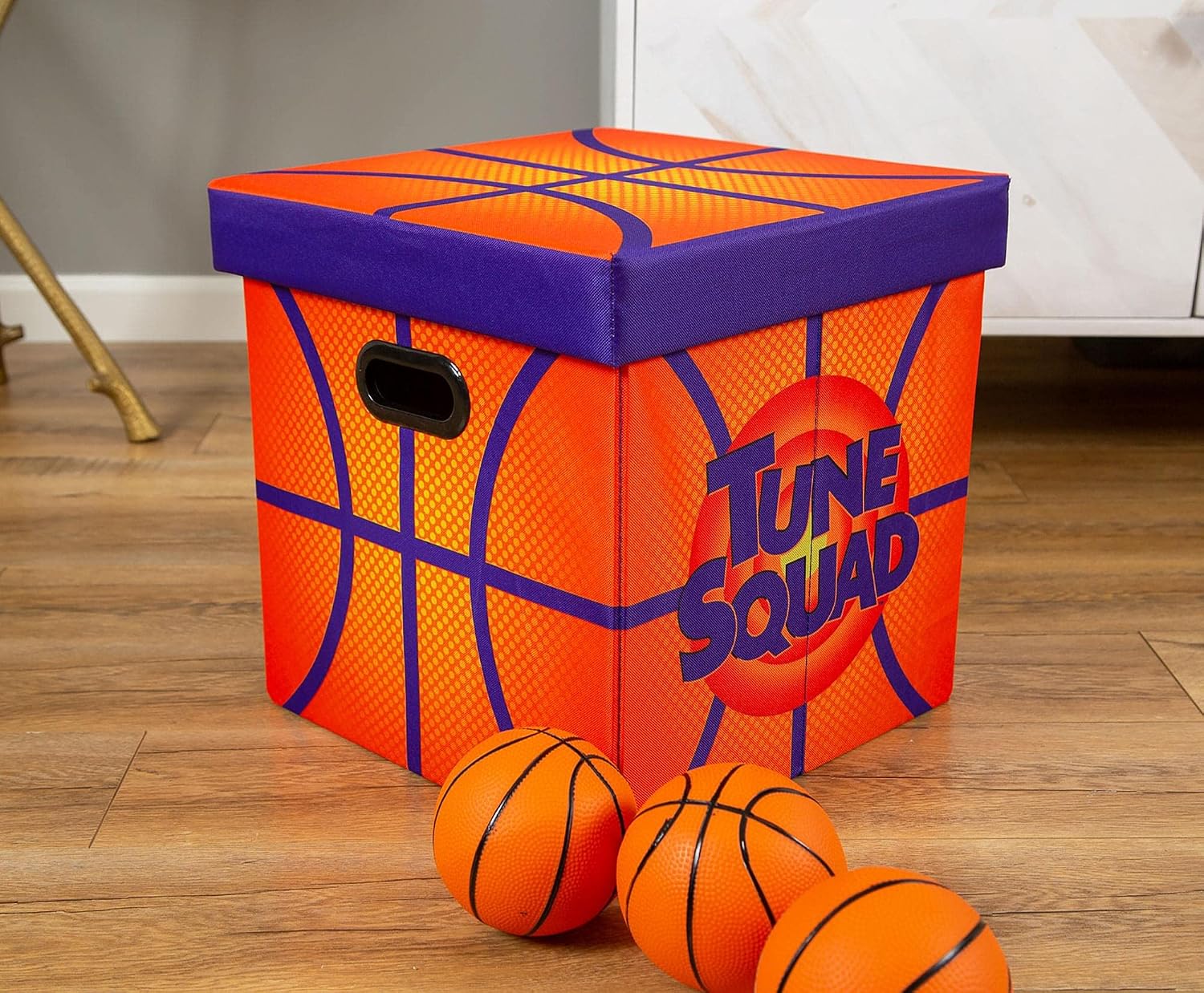 Wikoo Space Jam: A New Legacy Orange 15-Inch Foldable Storage Bin Chest with Lid | Fabric Basket Container, Cube Organizer with Handles | Brown Cubby Cube, Closet Organizer | Sports Basketball Gifts