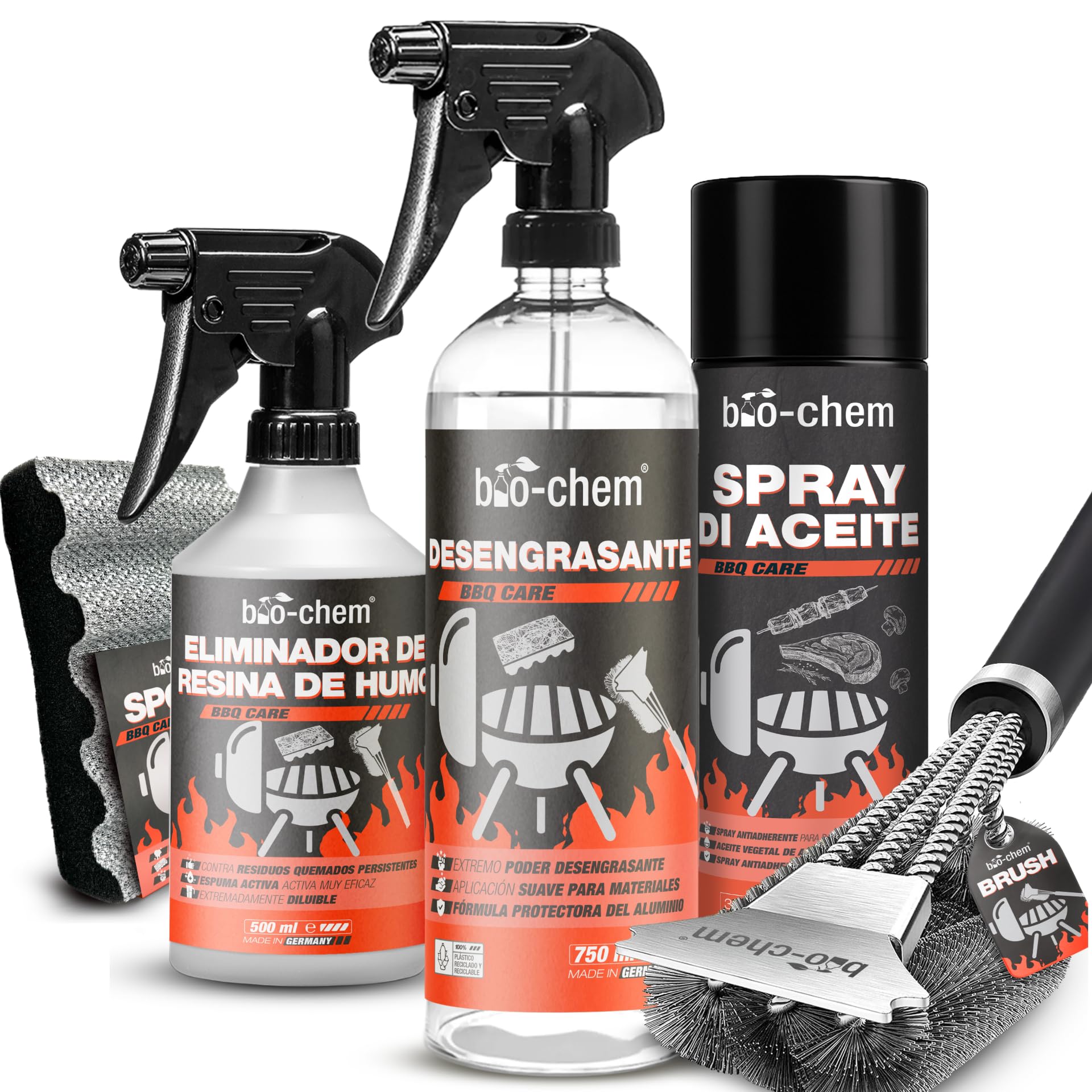 Bio-Chem - Decapante resina quemaduras 500ml - Limpiador superficies barbacoas 750ml - spray pulverizador de aceite 100ml apto para AirFryer - Con cepillo y esponja - Profi Set 5 productos | Con desengrasante, eliminador de resina de humo, spray de aceite