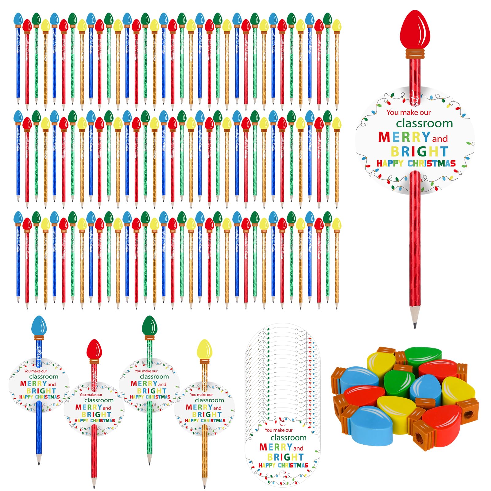96 Sets Weihnachts-Bleistift-Radiergummis, Geschenke mit Glühbirne, Weihnachts-Bleistift-Radiergummi, Aufsätze, fröhliche helle Karten, Taschen, Mini-Glühbirnen-Radiergummis, mehrfarbig