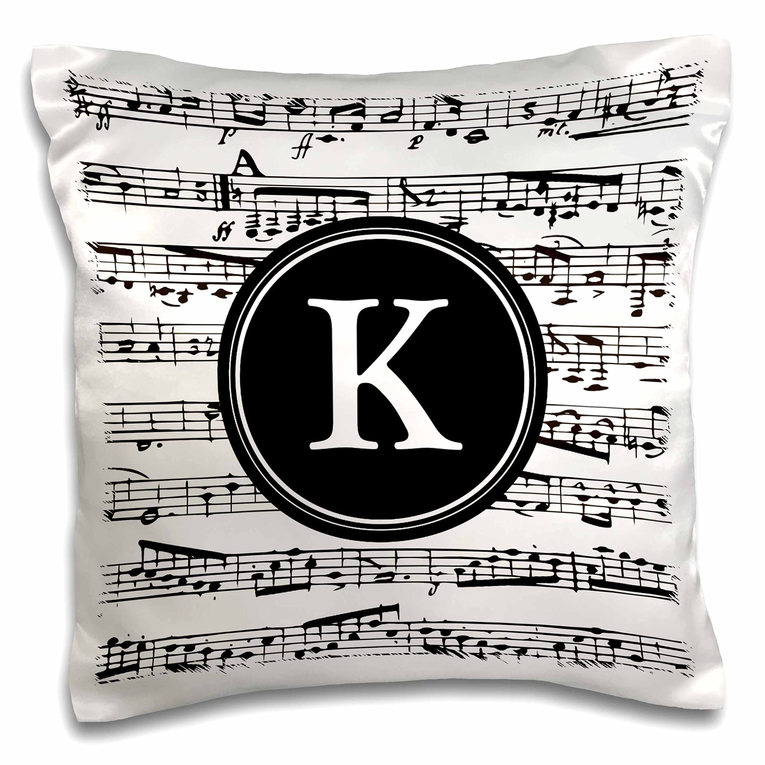 3dRose InspirationzStore Letter K Black and White Music Monogram Personalized Initial K (pc-316386-1) Pillow Case