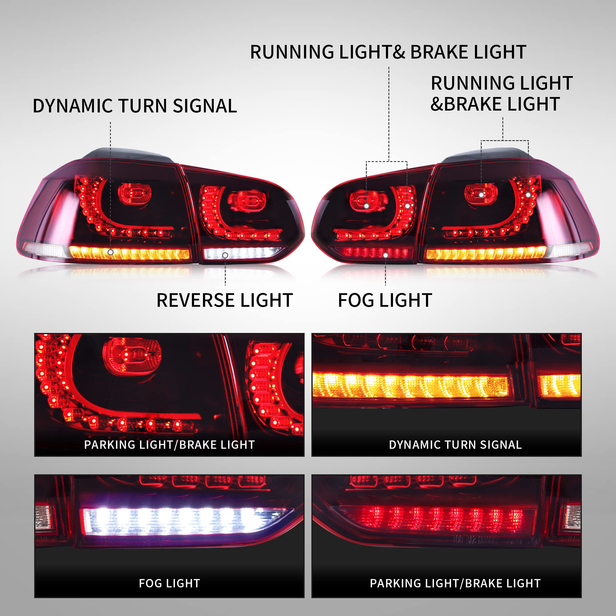 VLAND przednie i tylne światła LED do lampy halogenowej Golf 6 TSI 2008-2013 [nie GTD/R], z sekwencyjnym kierunkowskazem, po stronie kierowcy i pasażera (pełne światło LED + czerwone i jasne)