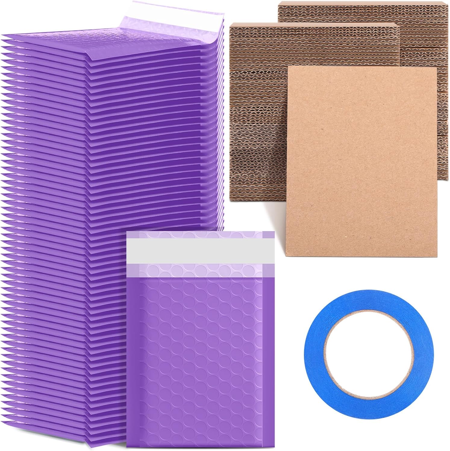 Tatuo 301 Pcs Trading Card Shipping Protector Set Include 200 Corrugated Cardboard Sheets Inserts 100 Poly Bubble Mailers Padded Envelopes and Masking Tape(Yellow)
