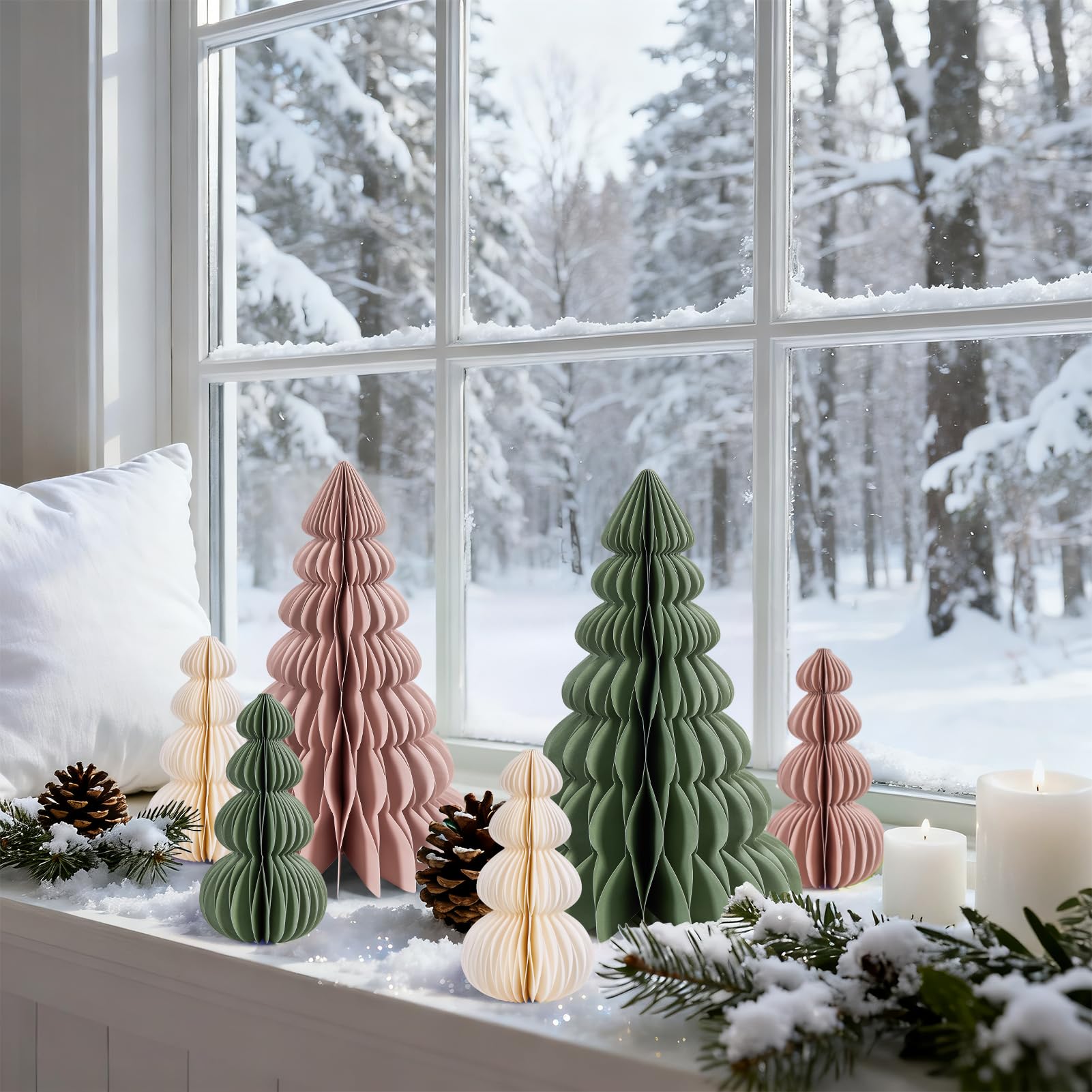 6 Stücke Papier Weihnachtsbaumschmuck Waben Deko Weihnachten Faltbarer Weihnachtsbaum Tischdeko Weihnachten Deko Weihnachten Innen für Esstisch Schrank Fensterbank Kaminsims