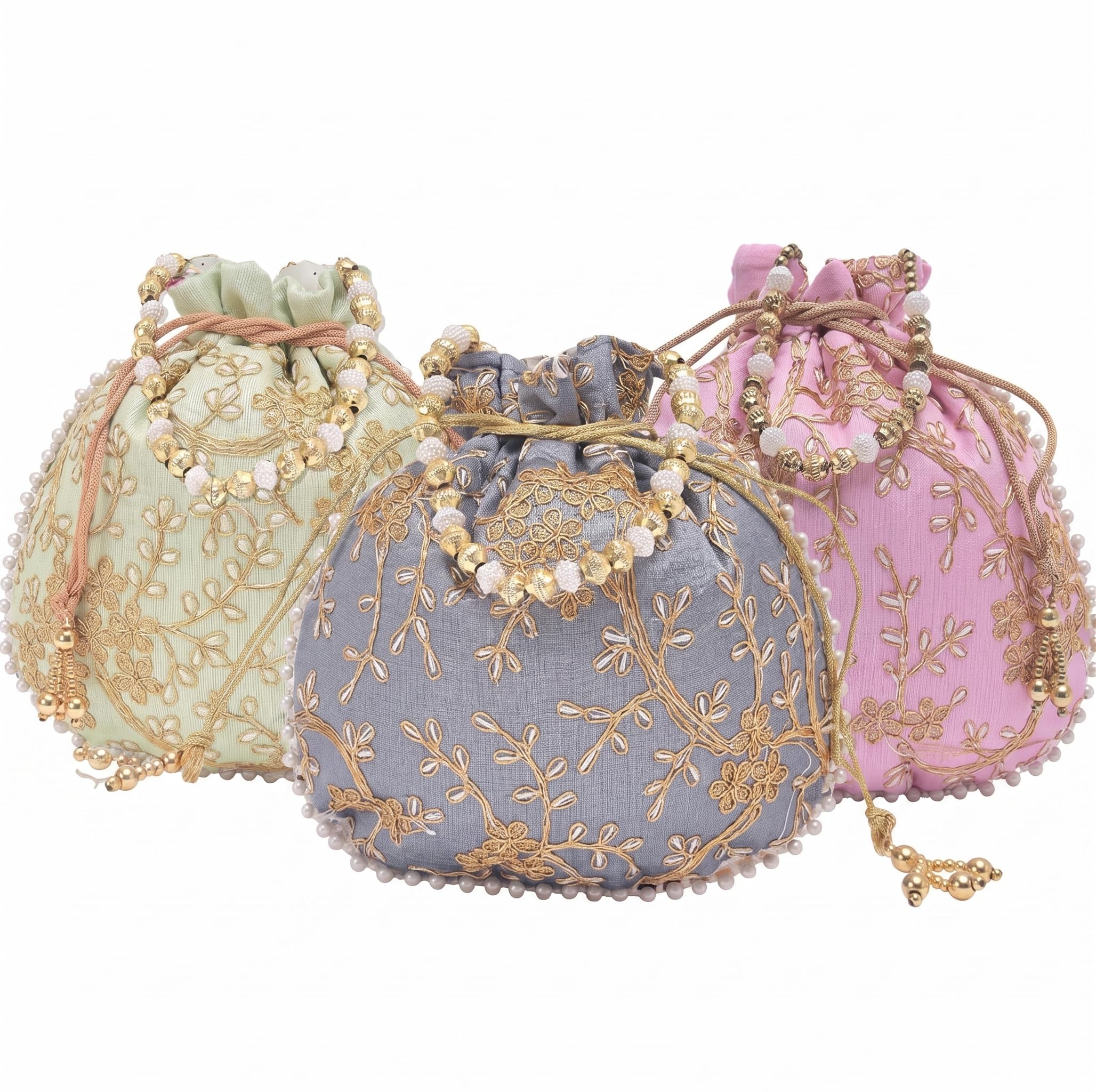 Pack of 3 Traditional Embroidery Potli Bags for Women & Girls | Ethnic Festive Shagun Pouches & Bridal Return Gifts | Drawstring Wedding Clutch Purse Set (Light Pink, Mint Green, Grey)-image-19