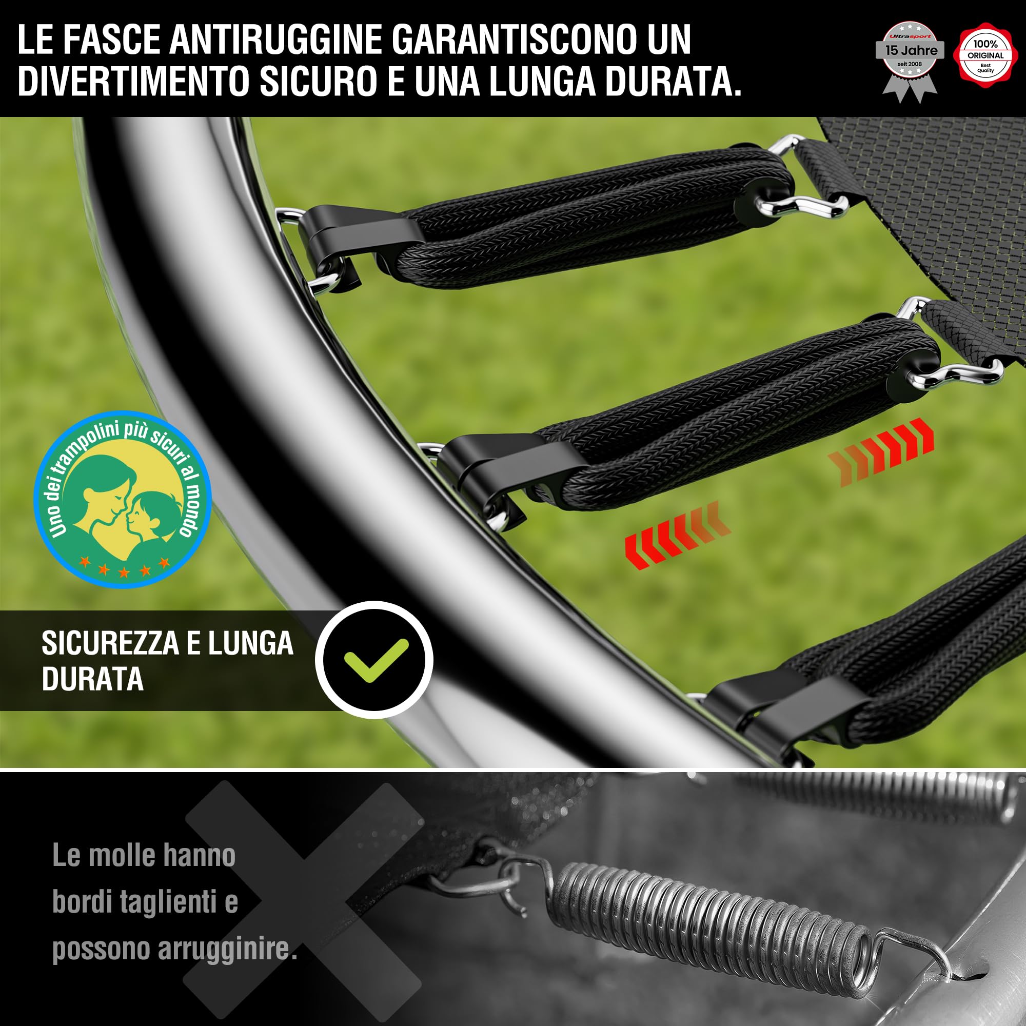 Ultrasport Jumper Trampolino da giardino, set completo trampolino, inclusi tappeto elastico, rete di sicurezza, pali della rete imbottiti e rivestimento dei bordi, Blu, Ø 251 cm