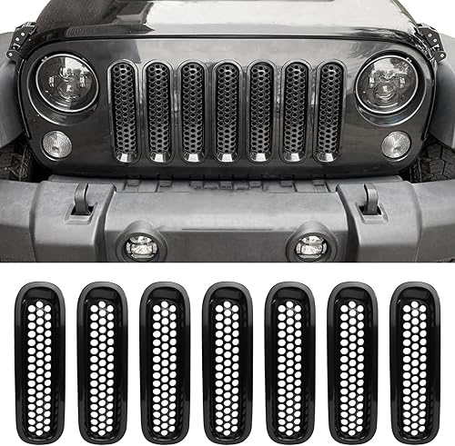 Paquete de 7 insertos de parrilla aptos para Jeep Wrangler JK, protector de rejilla frontal negro compatible con Jeep Wrangler de 2 puertas y 4