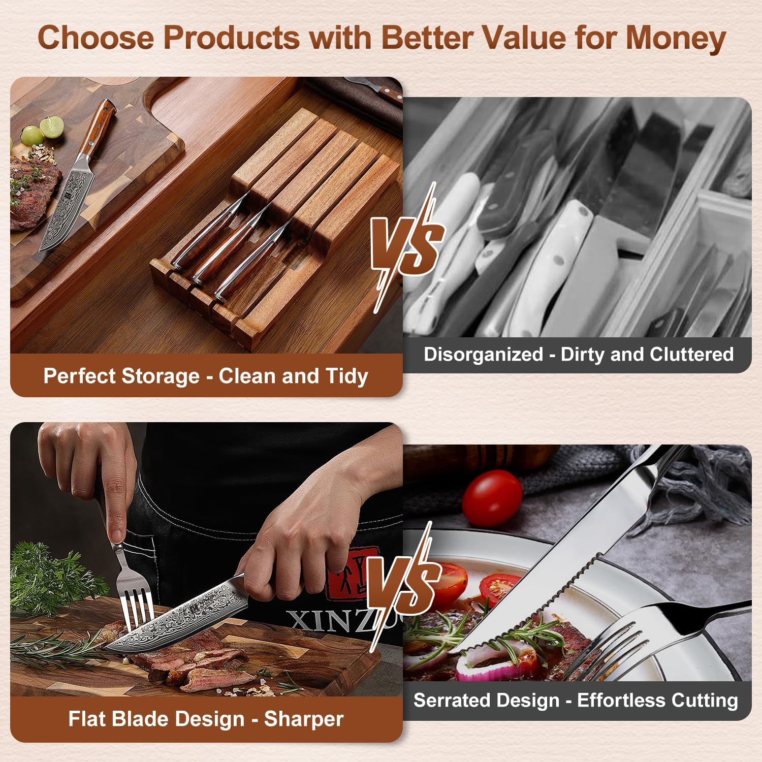 XINZUO 5Pcs Steak Knives Set, Non Serrated Dinner Knives with Drawer Knife Holder,67-layer Damascus Steel Kitchen Knife with Rose Wood Handle, Acacia Wood Knife Block