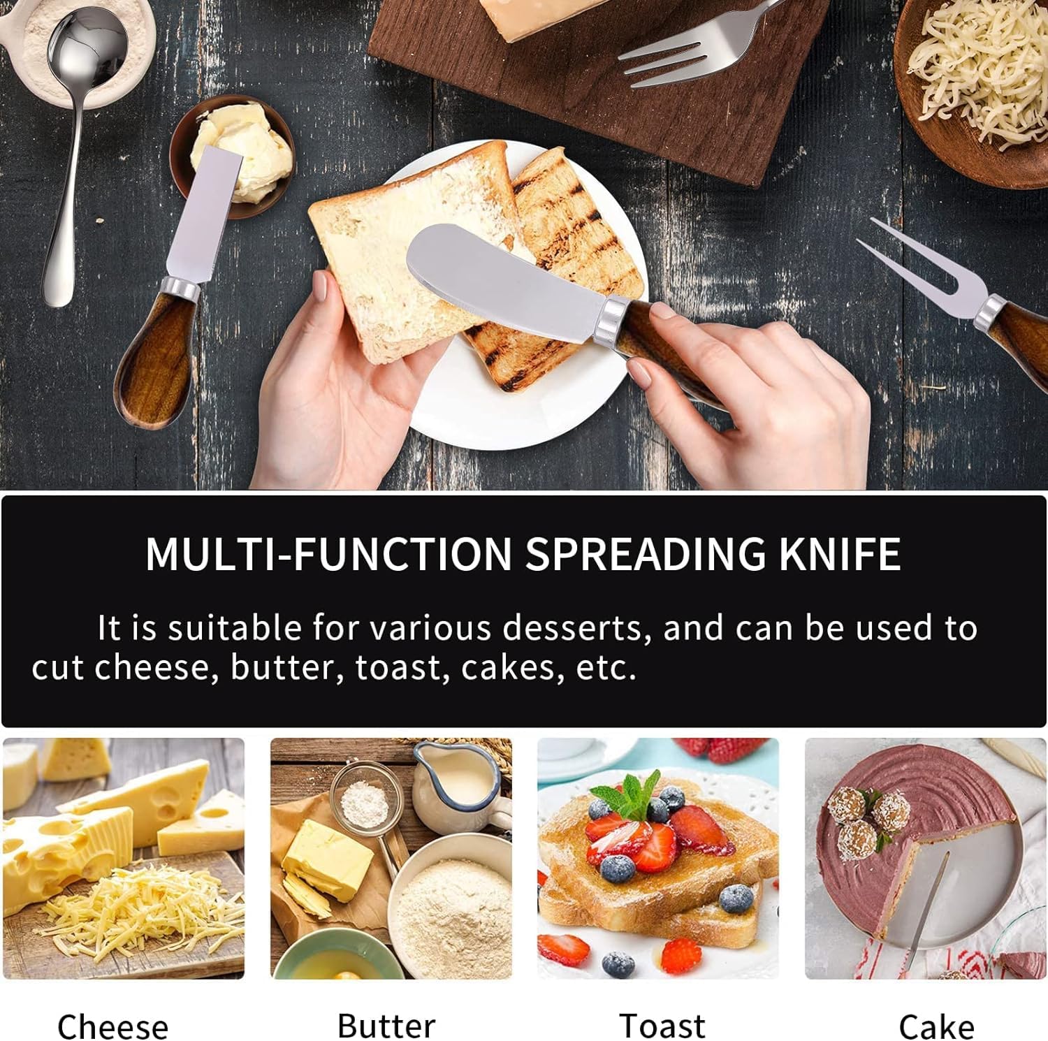 Juego de 14 cuchillos esparcidores de mantequilla de queso, de acero inoxidable, cuchillo de mantequilla con mango de madera, mini pinzas para servir, cuchara y tenedor para queso, mermelada