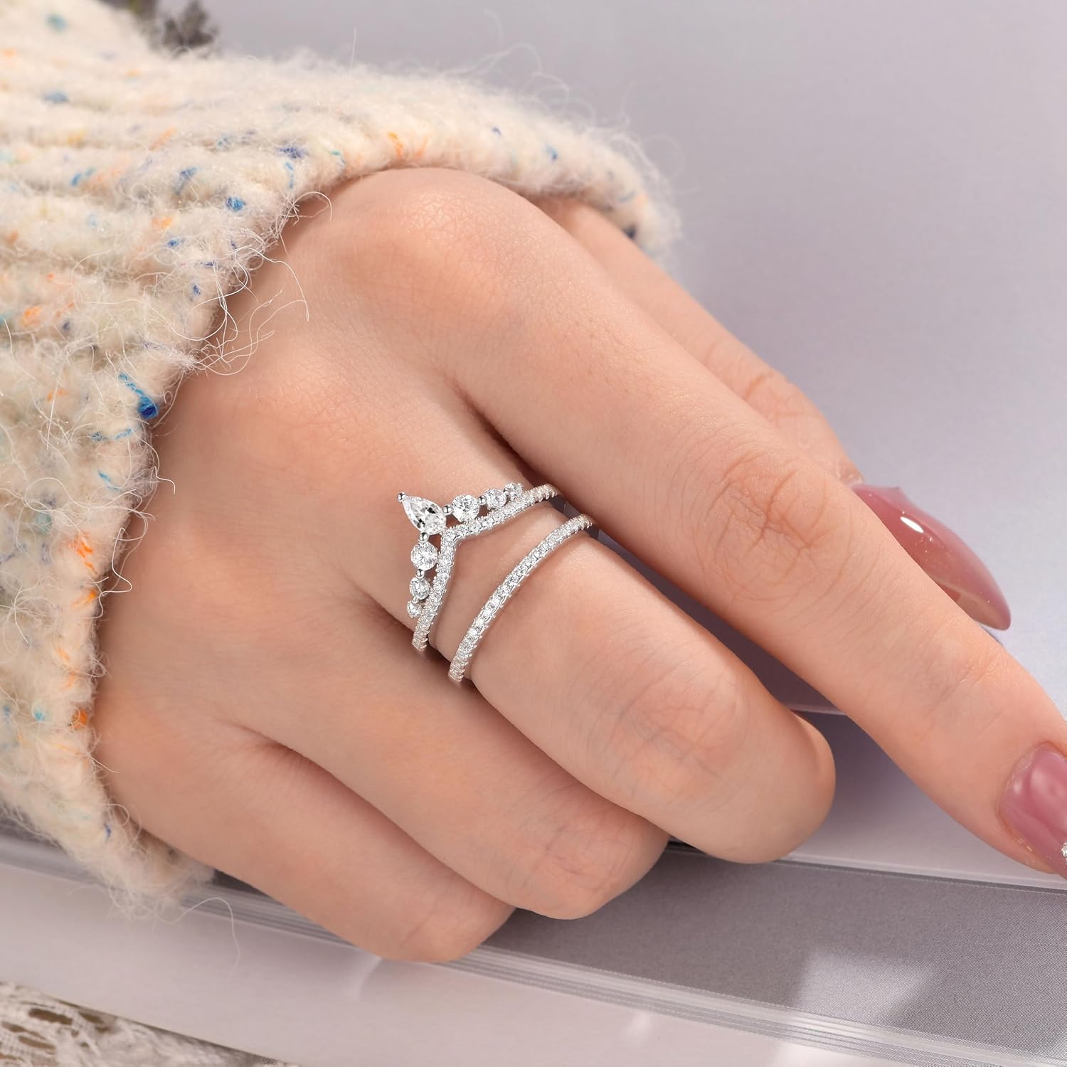 SHELOVES Wedding Rings Enhancer for Engagement Rings Teardrop Pear Cut CZ 925 Sterling Silver Wedding Bands Size 5-10