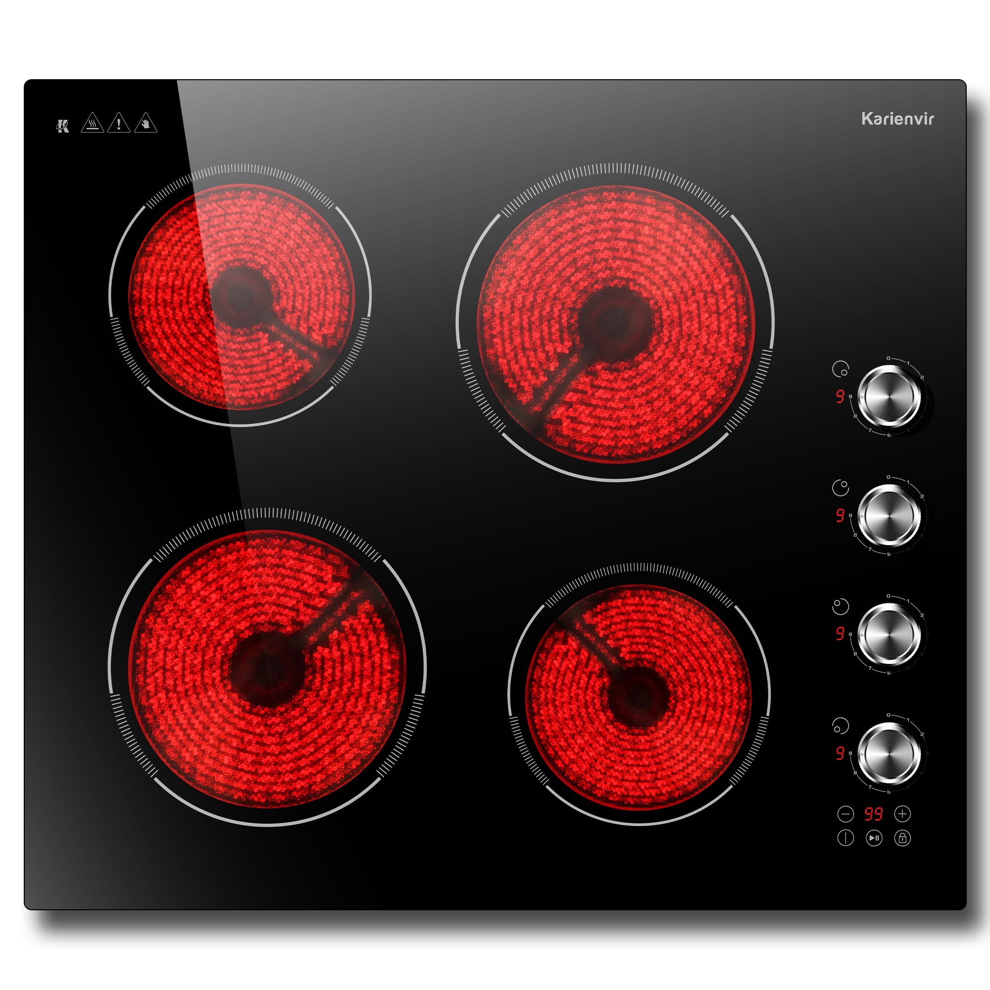 Karienvir Piano cottura vetroceramica 4 fuochi incasso, Piano Cottura Elettrico 60cm con Manopola, Piano Cottura Elettrico con 9 livelli di potenza, Pausa, Timer da 99 minuti, Blocco di sicurezza