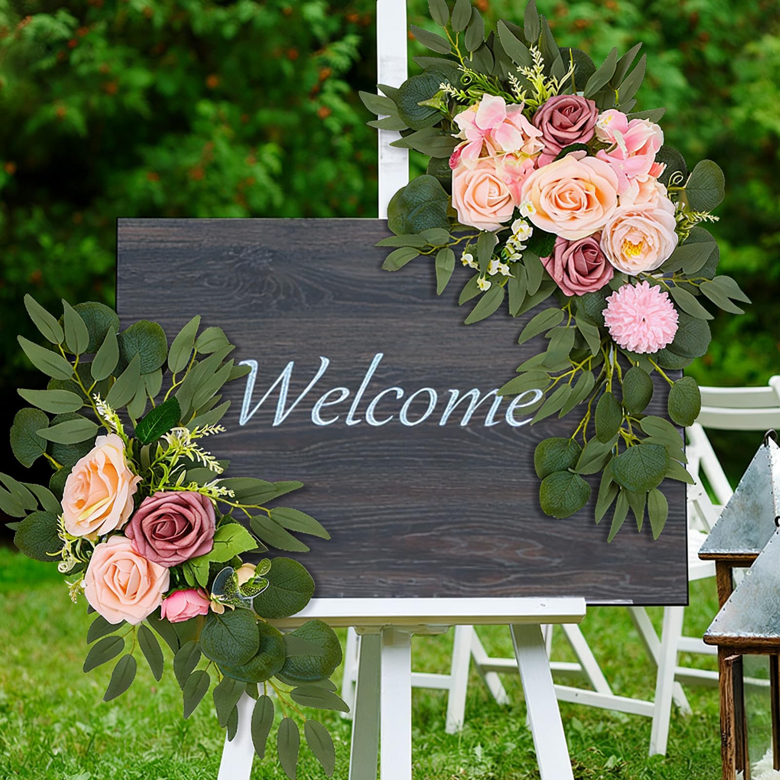Kadimendium Set di 2 Fiori Artificiali per Nuziale Realistico per Ingresso Reception, Cartello di Benvenuto per Uso Interno Ed Esterno, 60x25 Cm (Rosa)