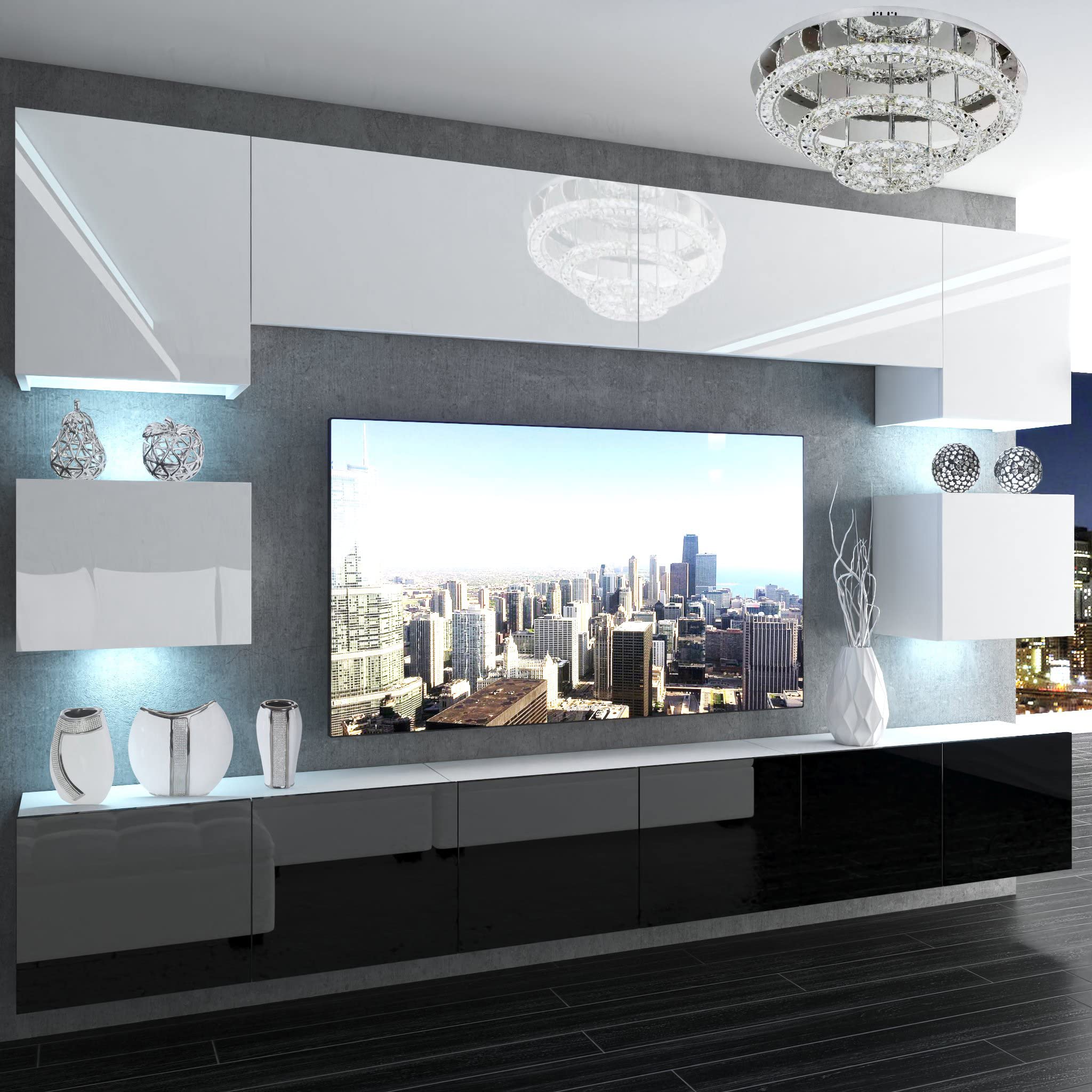 BELINI - Set completo da parete per soggiorno, moderna parete con illuminazione a LED, colore: Bianco/Nero
