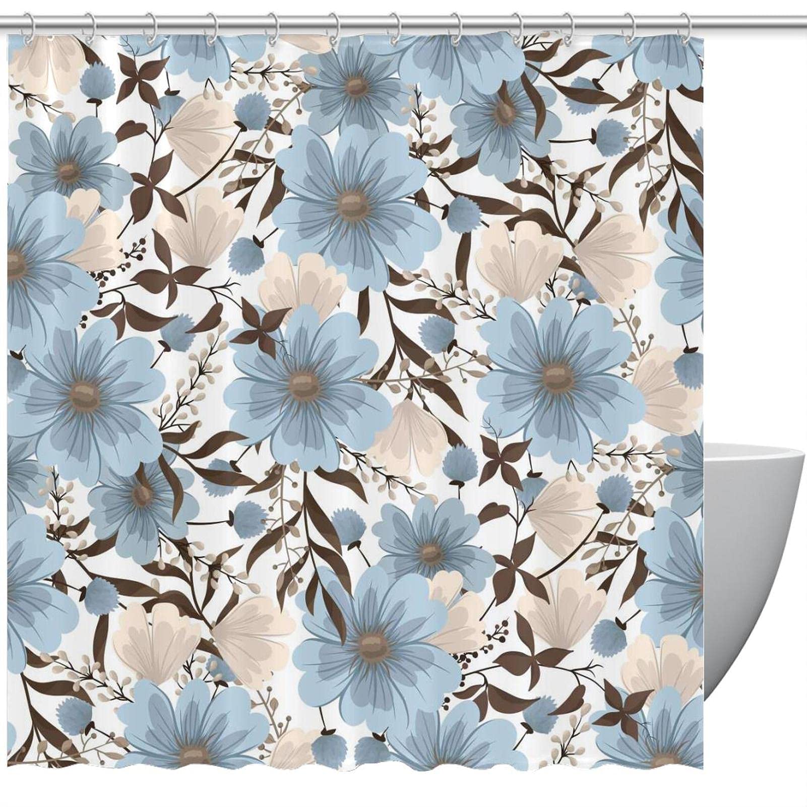 Rideau de douche sans couture floral bleu clair 168x183 cm pour salle de bain