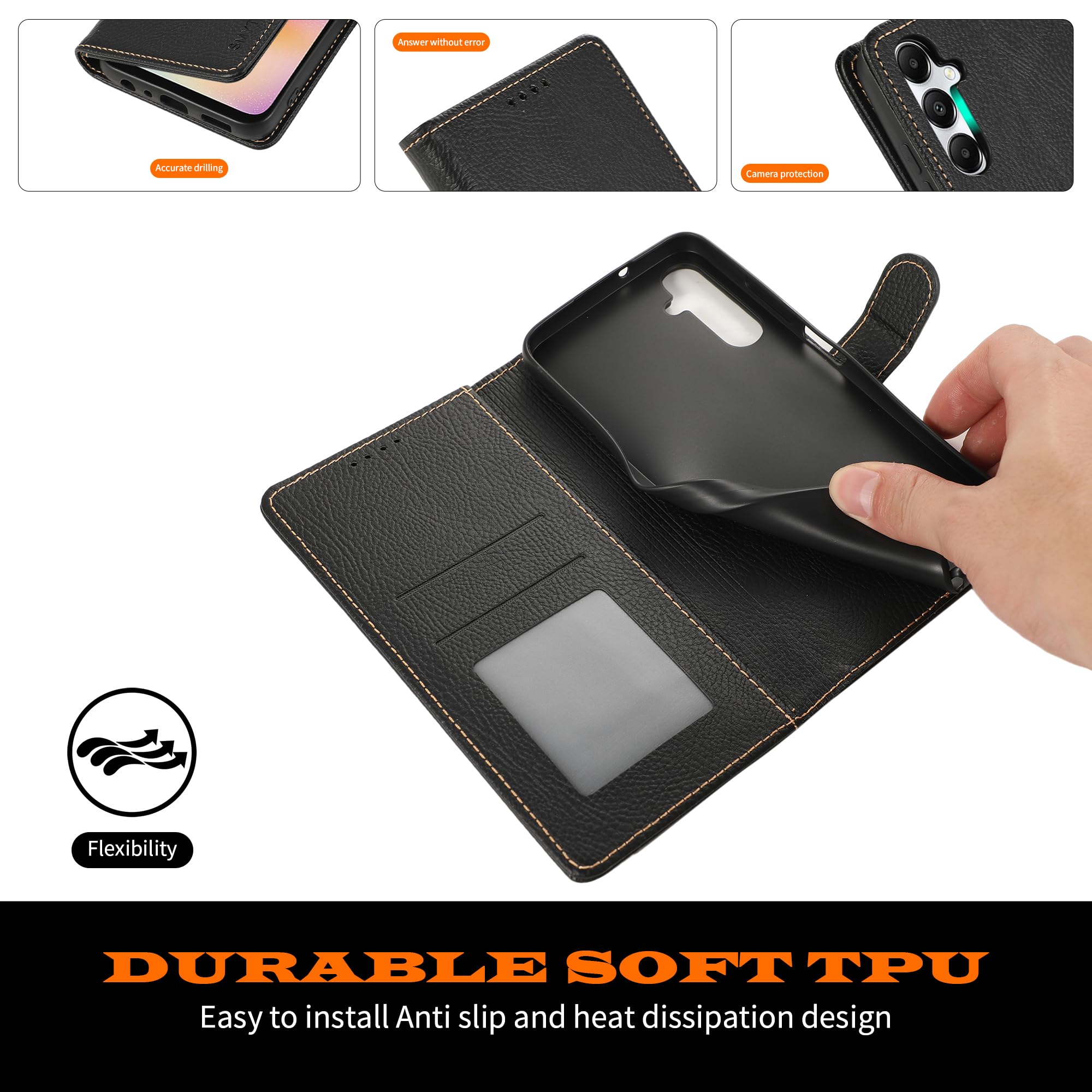 SMYTU Cover a Libro per Samsung Galaxy A05s 4G (6.7") + Vetro Temperato,Custodia Samsung Galaxy A05s 4G,Custodia Flip in Pelle Magnetica Portafoglio Per Samsung Galaxy A05s 4G - Nero