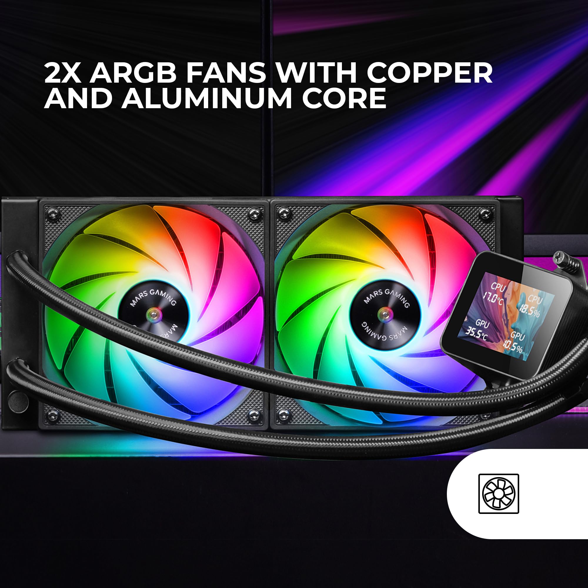 Mars Gaming ML-VISION240, Raffreddamento a Liquido AIO, TDP 500W, 2x Ventole ARGB con Nucleo in Rame e Alluminio FDB, Schermo LCD IPS 4:3 Rotazione a 360° e Software, Multisocket Universale, Nero
