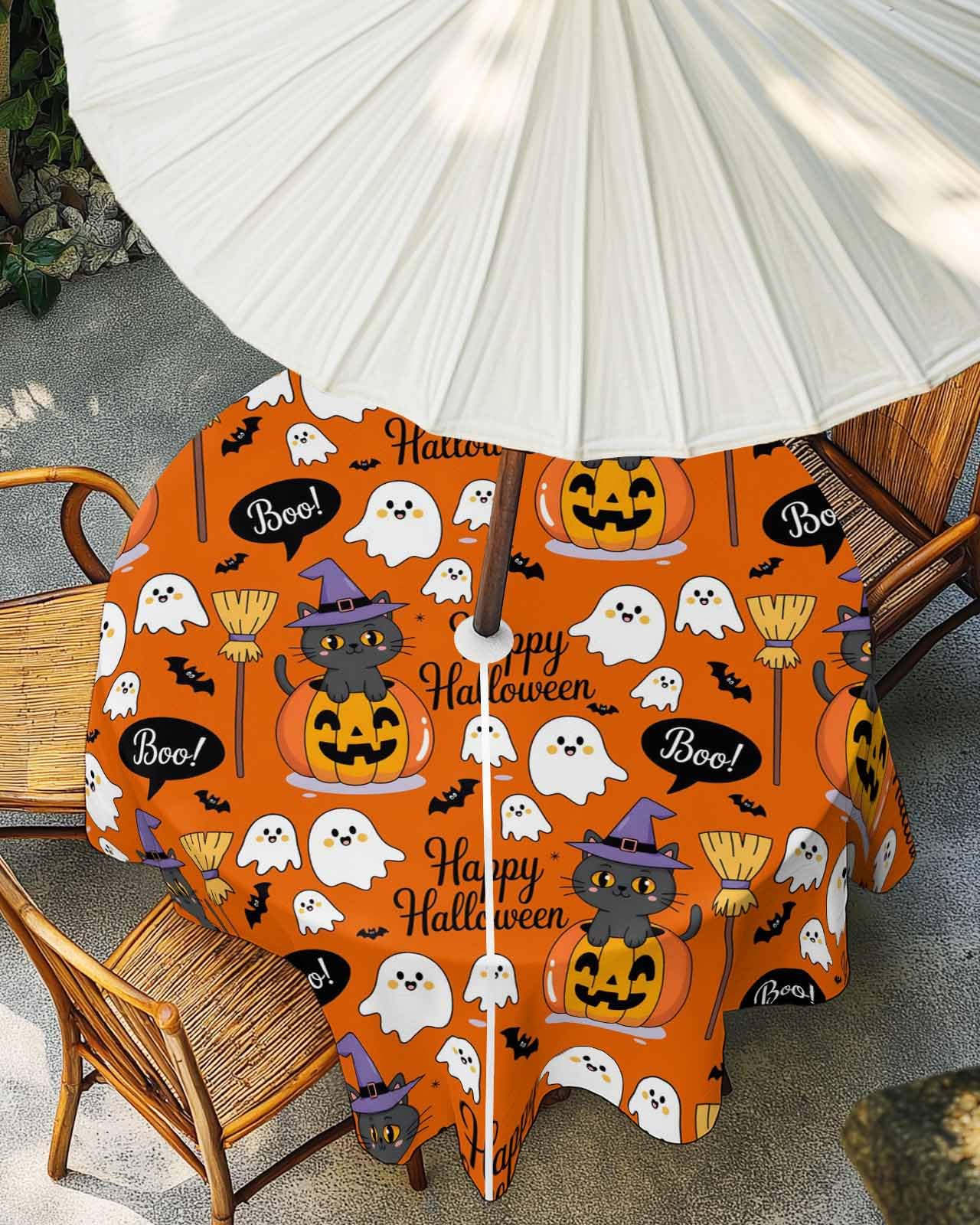 Halloween Tablecloth with Umbrella Hole and Zipper Boo Black Cats Round Outdoor Tablecloths 54 Inch Table Cloths Ghosts Pumpkin Bats Orange Patio Table Cloth Cover for Holiday Party Picnic Garden