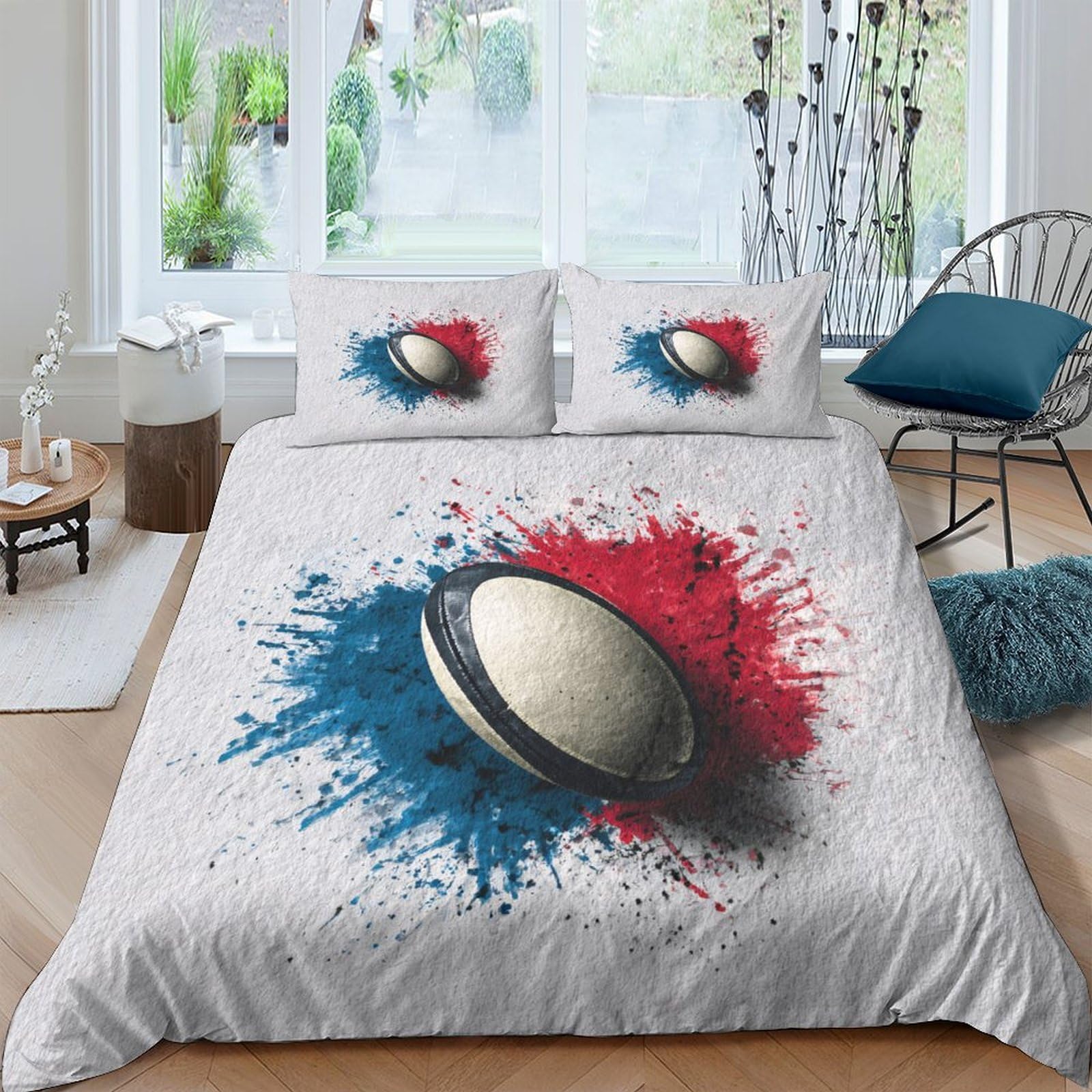 Ctjqhvkz Style-10 3D Printed Rugby Ball Fitted Sheet Microfiber Red Blue Splash Bed Cover For Bedroom Guestroom Mattress Protection Single（135X200cm）