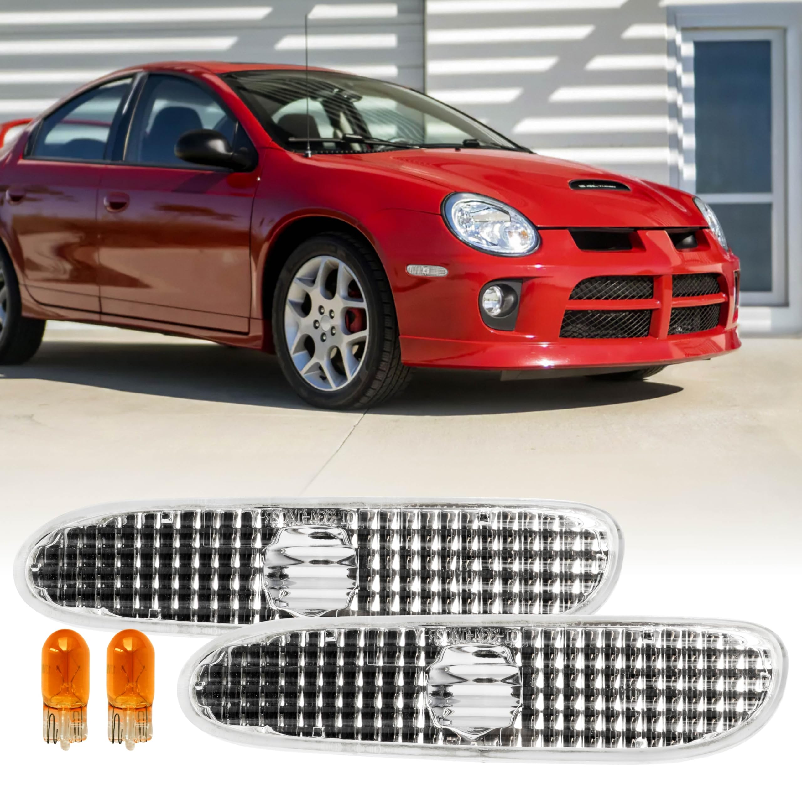 USR 00-05 NEON Side Marker Light – All Clear Front Bumper Sidemarker Lamps (Left + Right) - Compatible with 2000-2005 Dodge Neon, Plymouth, Chrysler All Models/Trims (Crystal CLEAR Lens with Bulbs)