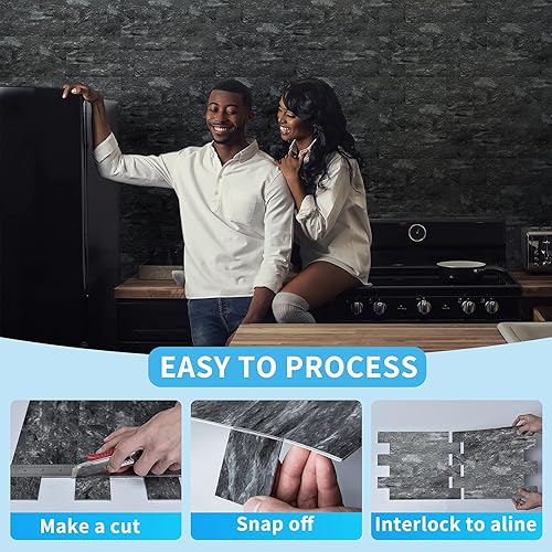 Miniatura 4 de Art3d Azulejos de pared de granito oscuro para despegar y pegar y recortar bordes blancos para cocina, tocadores de baño, decoración de chimenea,