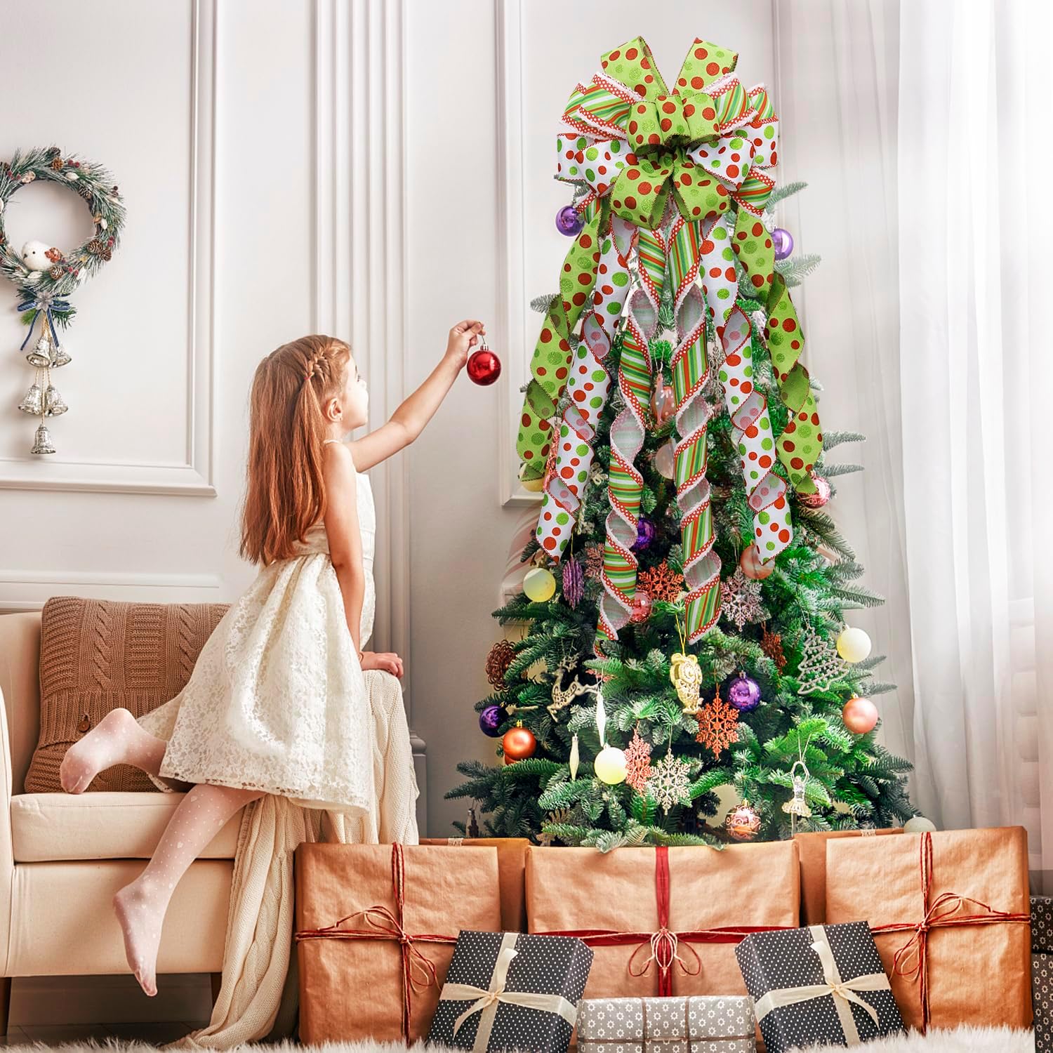 Christmas Tree Topper Wreath Large Green Christmas Bow Tree Topper, Red Green Dot Polyester Gift Bow for Xmas Ornament Holiday Handmade Home Wedding Indoor/Outdoor Decoration-13 x 45 Inch - Image 4