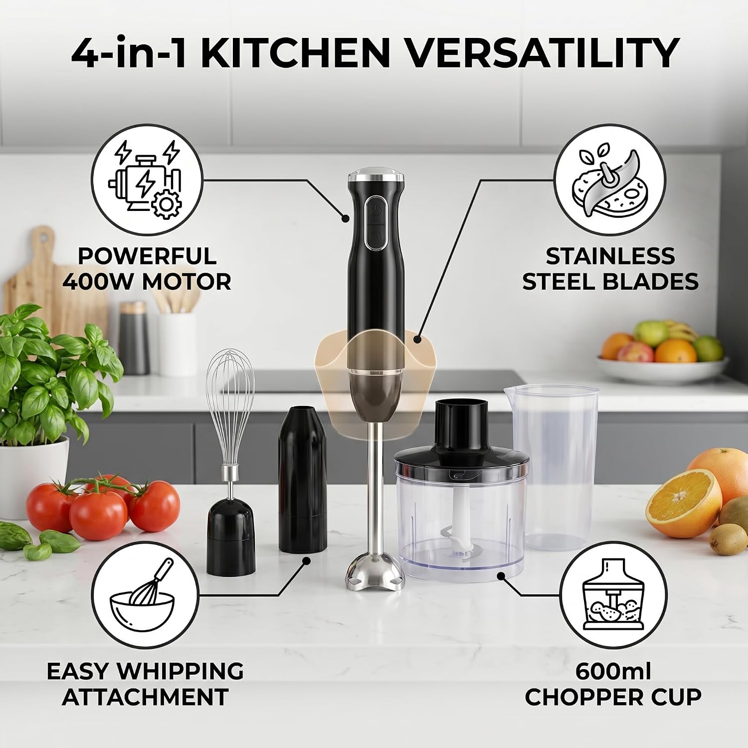 Tnfeeon Immersion Blender, 4 in 1 Kitchen Appliances, Stainless Steel, 400 W, Powerful Handheld Portable Blender for Soup, Smoothie, Puree, Milk Frother, Whisk, (EU Plug) image 4