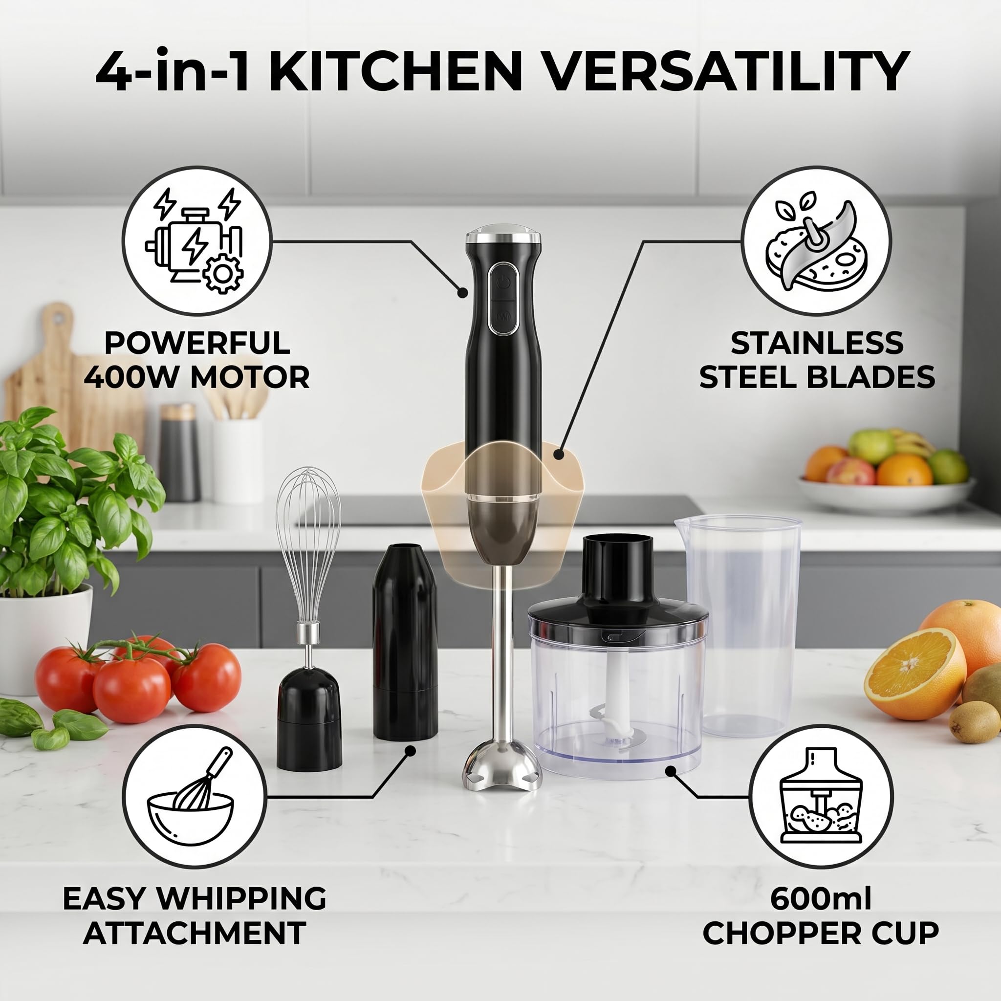 Tnfeeon Blender Zanurzeniowy, Sprzęt Kuchenny 4 w 1 ze Stali Nierdzewnej, Mocny, Ręczny, Przenośny Mikser w Sztyfcie, do Zup Smoothie, Puree, Spieniacz do Mleka, Trzepaczka, Zlewka, (wtyczka UE)