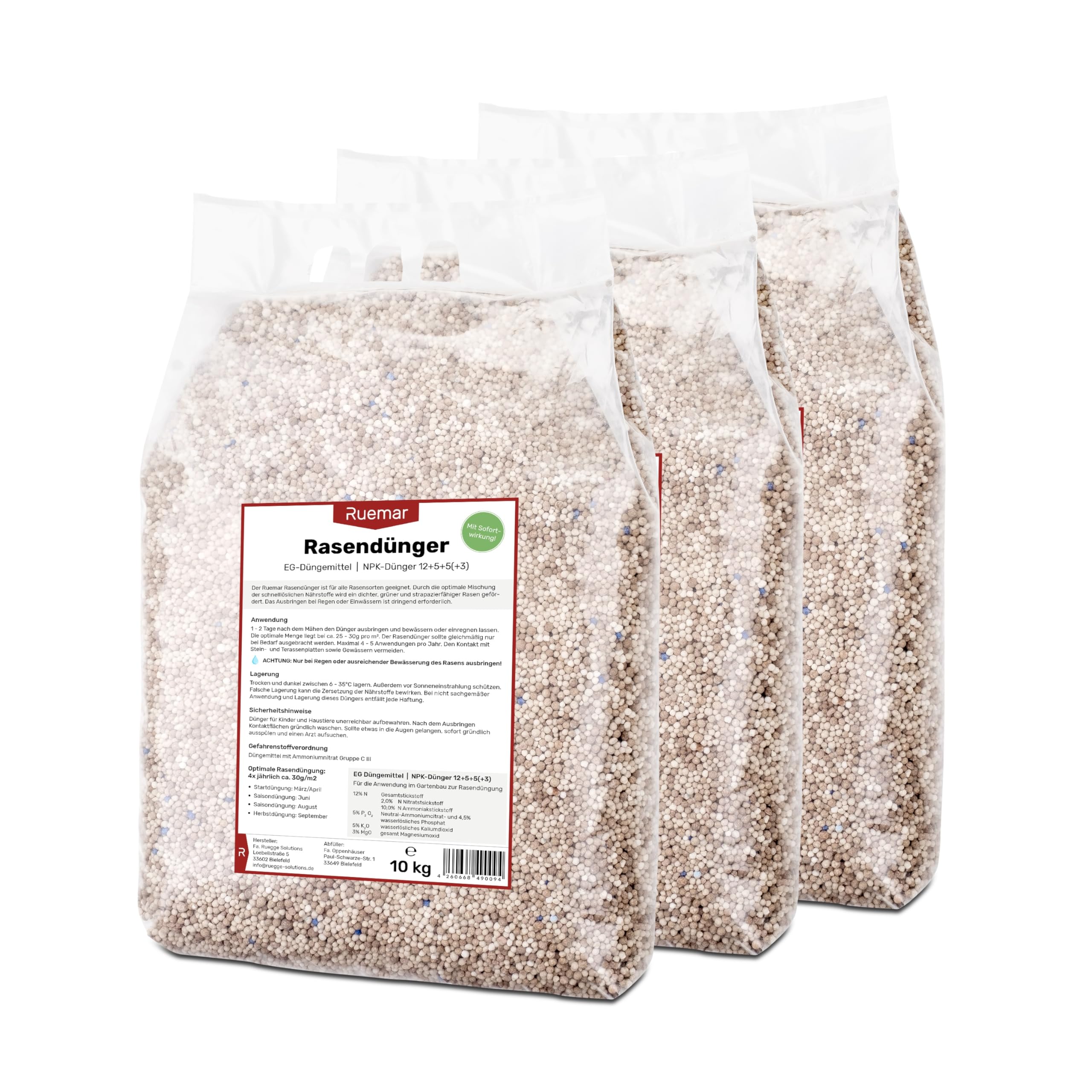 RUEMAR 30 kg (3x 10 kg) Rasendünger, nährstoffreicher Dünger für Rasen und Garten, wasserlösliches Granulat zum Streuen, für alle Rasensorten, Sofort- und Langzeitwirkung (3 Monate), EG Düngemittel