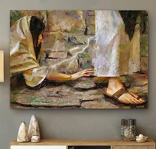 Cartel de metal retro de 8 x 12 pulgadas tocando el dobladillo de la ropa de Jesús, póster de pintura al óleo o una mujer sanada por Jesús, arte de