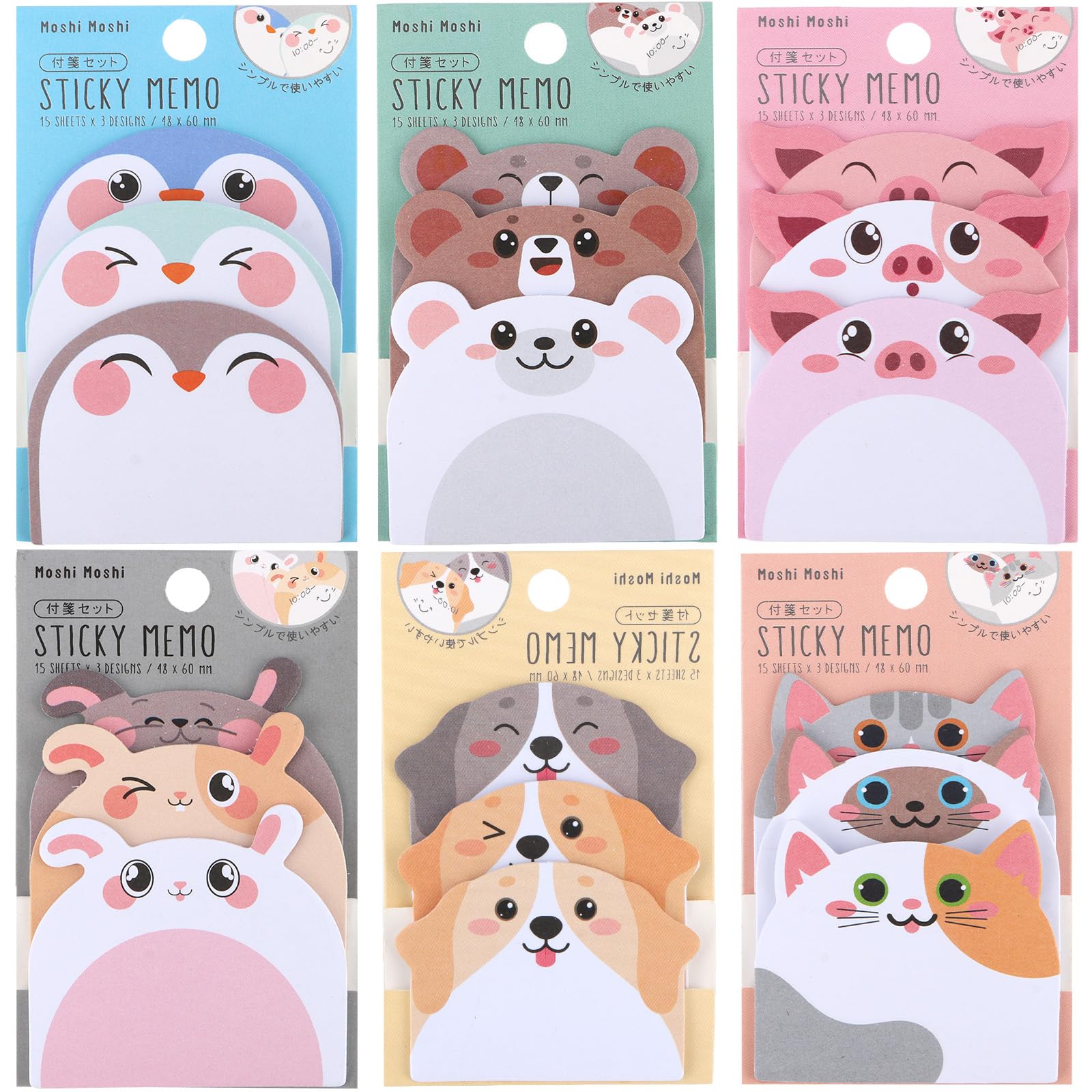 Norbiariz 270Sheets Cute Animal Sticky Notes, 6 Pack Self-Adhesive Memo Pads, Penguin Bear Pig Rabbit Dog Cat Cartoon Stickers for Office School Home Supplies, Planner Journal Notebook Accessories