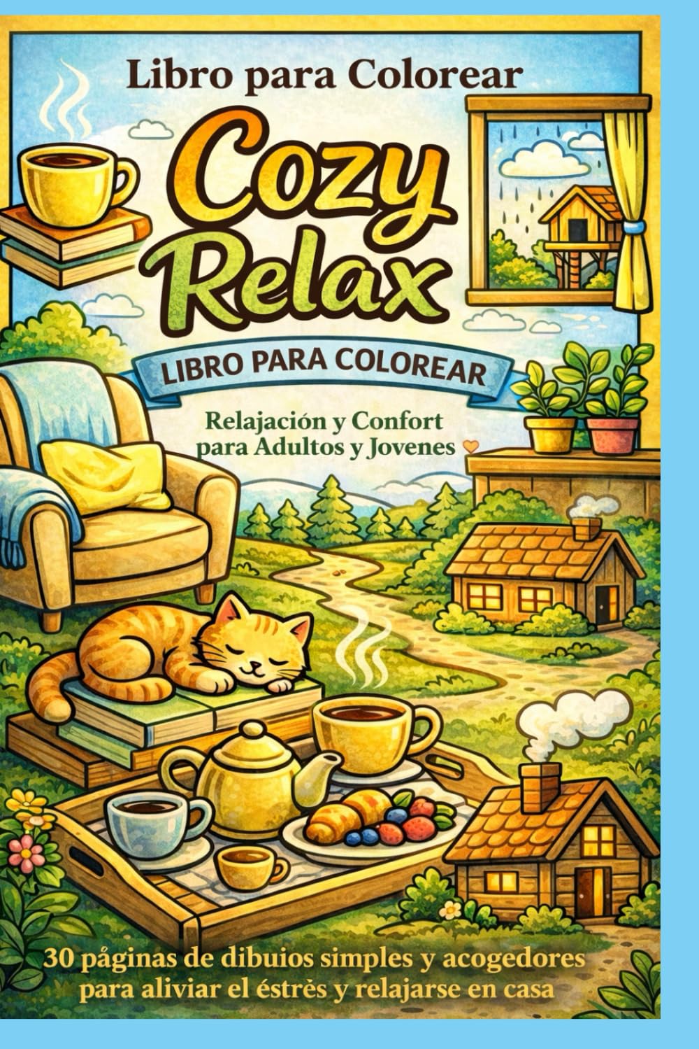 Libro para Colorear Cozy Relax: 30 páginas simples y acogedoras para colorear, aliviar el estrés y relajarse en casa para adultos y jóvenes