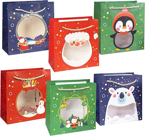 Uptotop Bolsas de regalo de Navidad con ventanas, paquete de 12 bolsas de regalo de papel de Navidad con 6 diseños surtidos para fiestas de Navidad,